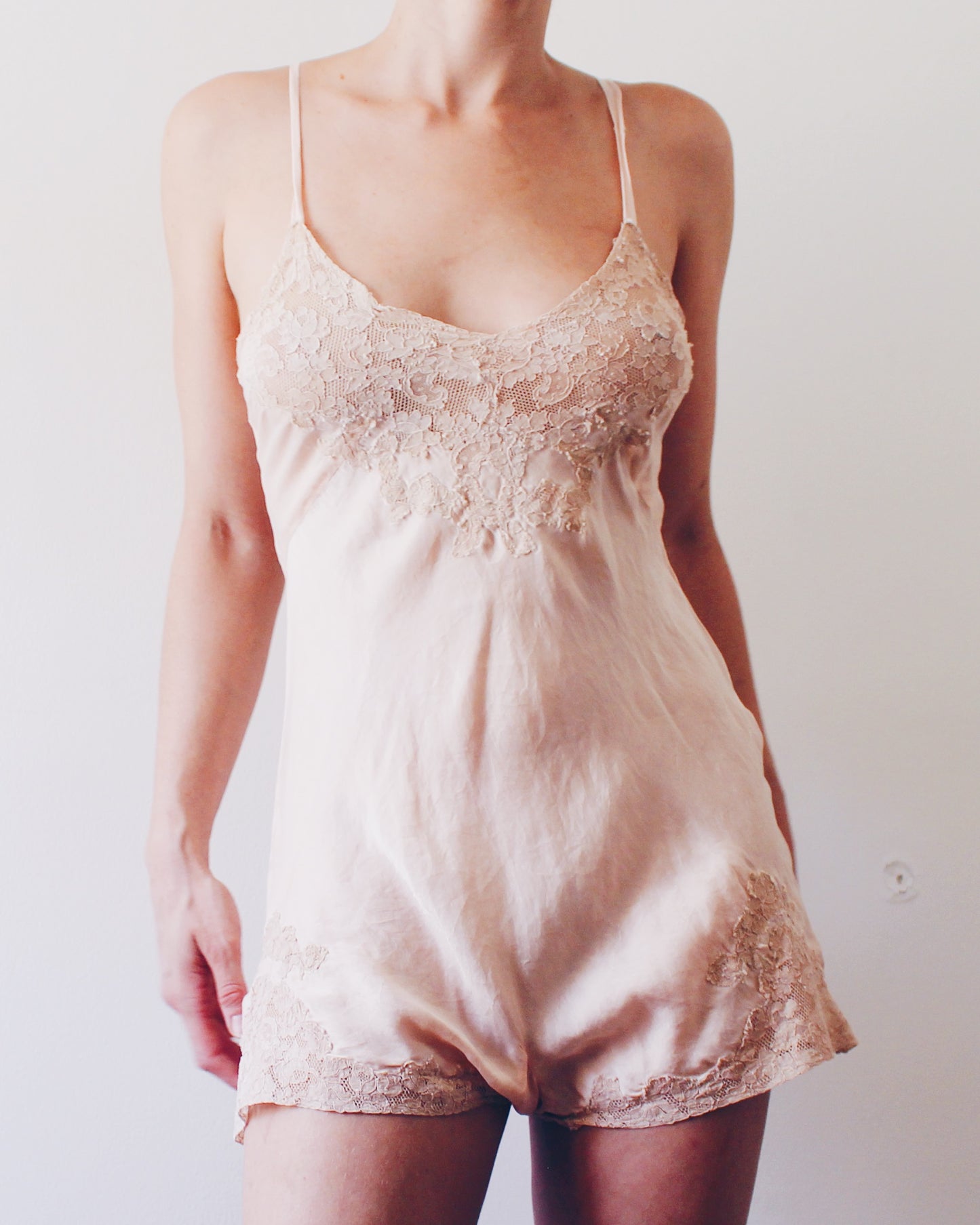 1930s Antique Silk Lingerie Romper | Vintage Lace Teddy Camiknickers | Peach Pink Soft Goth Boudoir Wear | Art Deco Silk Underwear Size S