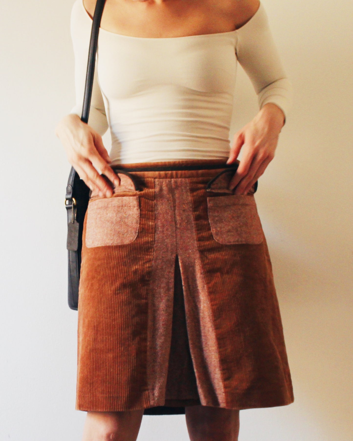 Vintage Corduroy and Wool Pocket Skirt – Low Waist 70s Style Midi in Earth Tones