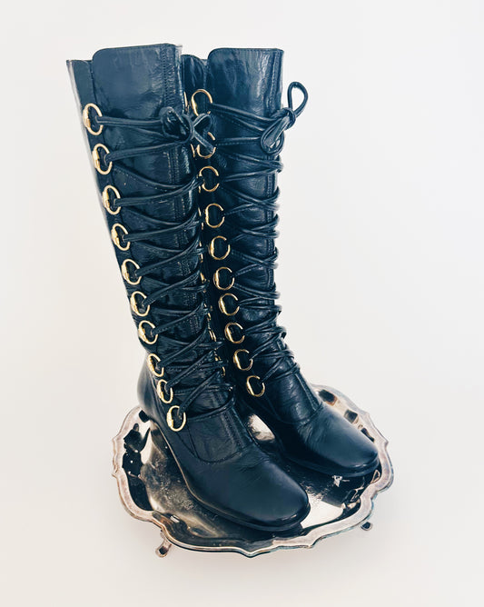 Vintage Tall Black Leather Lace Up Boots, Pirate Core Soft Goth Fall Boots, Block Kitten Heel, Witchy Dark Academia Boots