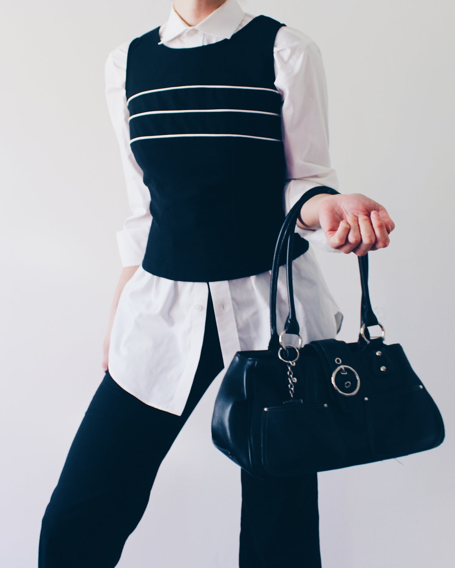 Vintage 90s Minimalist Tank Top | Black Sleeveless Top with White Stripe Detail | Back Zip Workwear Blouse | Chic Retro Layering Piece