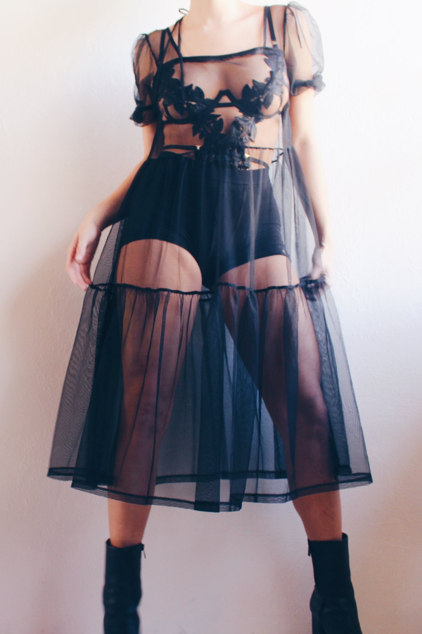 Enchanting Elegance: Sheer Black Babydoll Dress with Puffy Sleeves for Dark Days