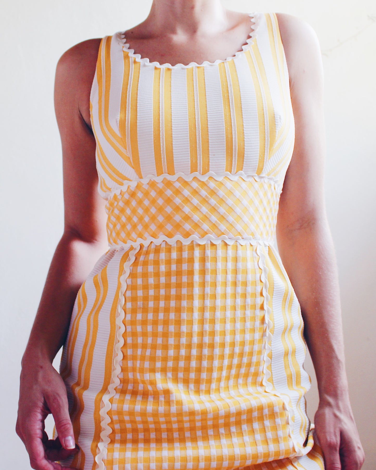 Vintage 1970s Ruth Norman Yellow and White Checked & Striped Long Dress - Americana Coquette Style | Perfect for Summer parties