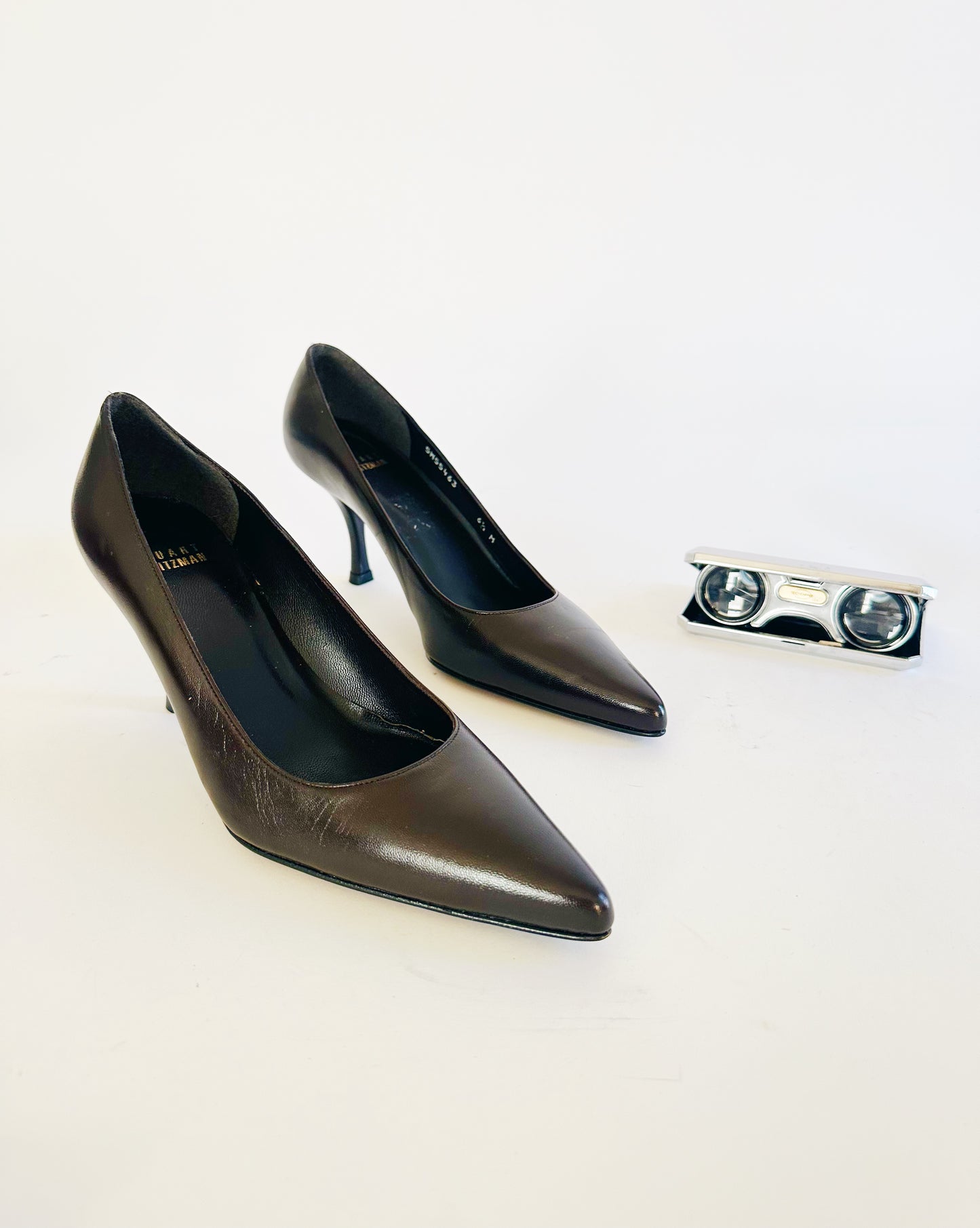 Vintage Stuart Weitzman Dark Chocolate Brown Leather Heels – 90s Minimalist 2 Inch Stiletto Pumps
