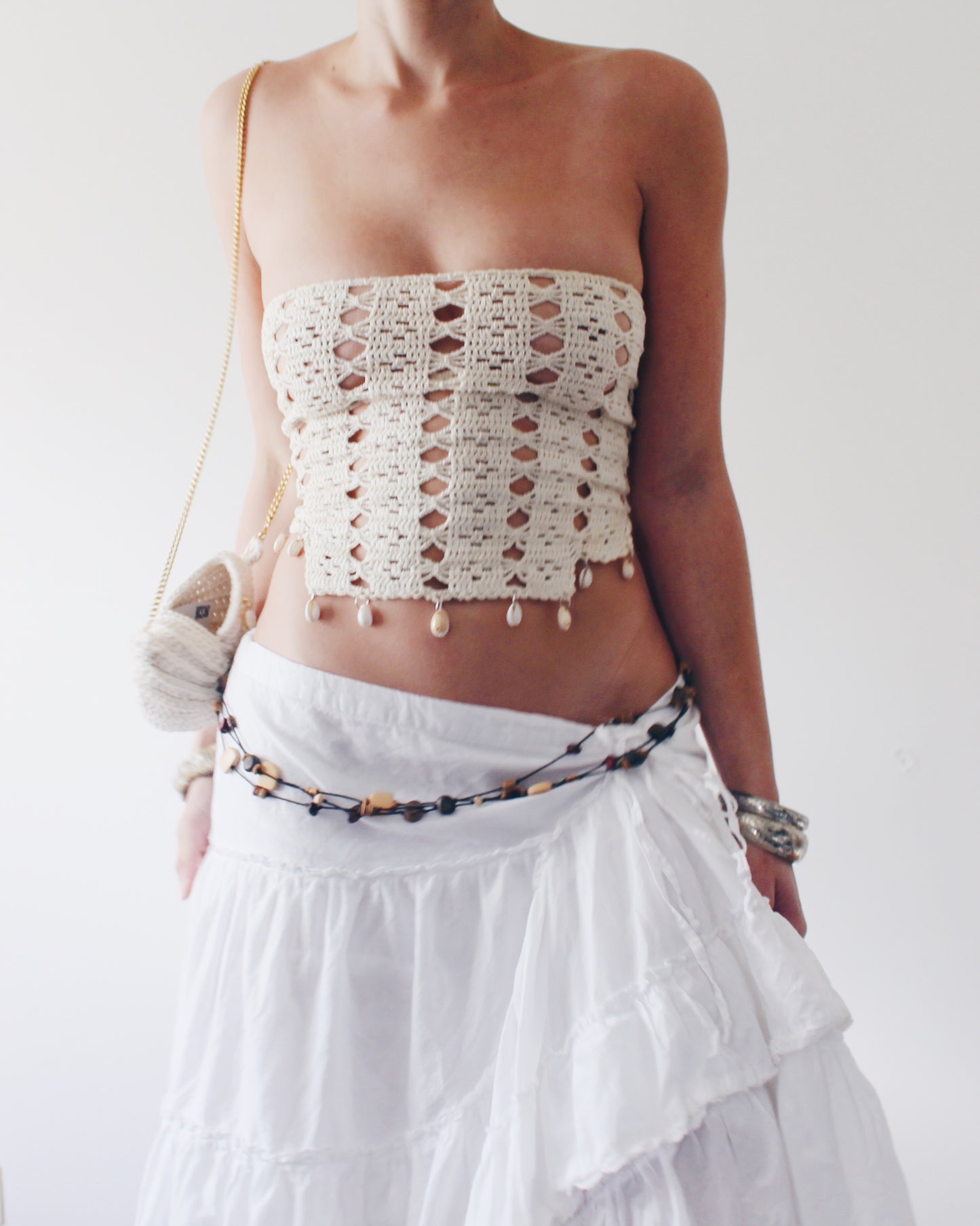 Handmade Crochet Doily Top with Cowrie Shells – Upcycled Boho Beach Sleeveless Crop, Mermaidcore Layering Piece