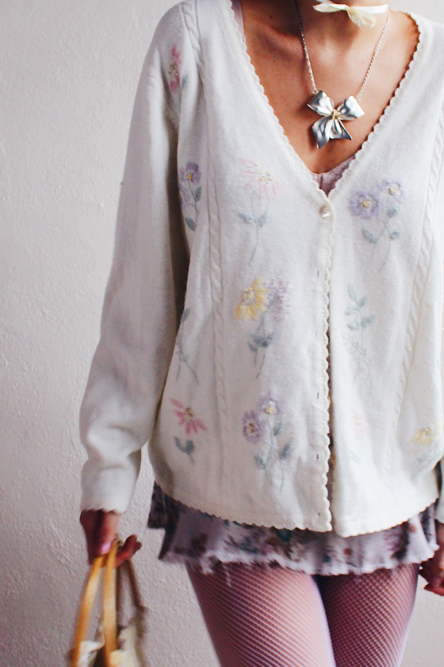 Vintage Cream Knit Floral Granny Cardigan | 1980s Retro Flower Sweater | Cozy Grandma Chic