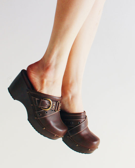 Bongo Brown Leather Chunky Clogs | Y2K Whimsigoth Hippie Style | Slip On Platform Clog Shoes
