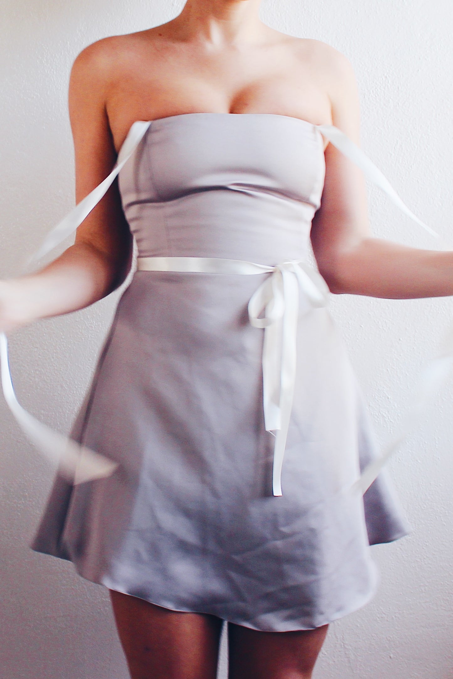 Vintage Chic Khaki-Grey Mini Dress - Form-Flattering Elegance with Upcycled Ribbon Details