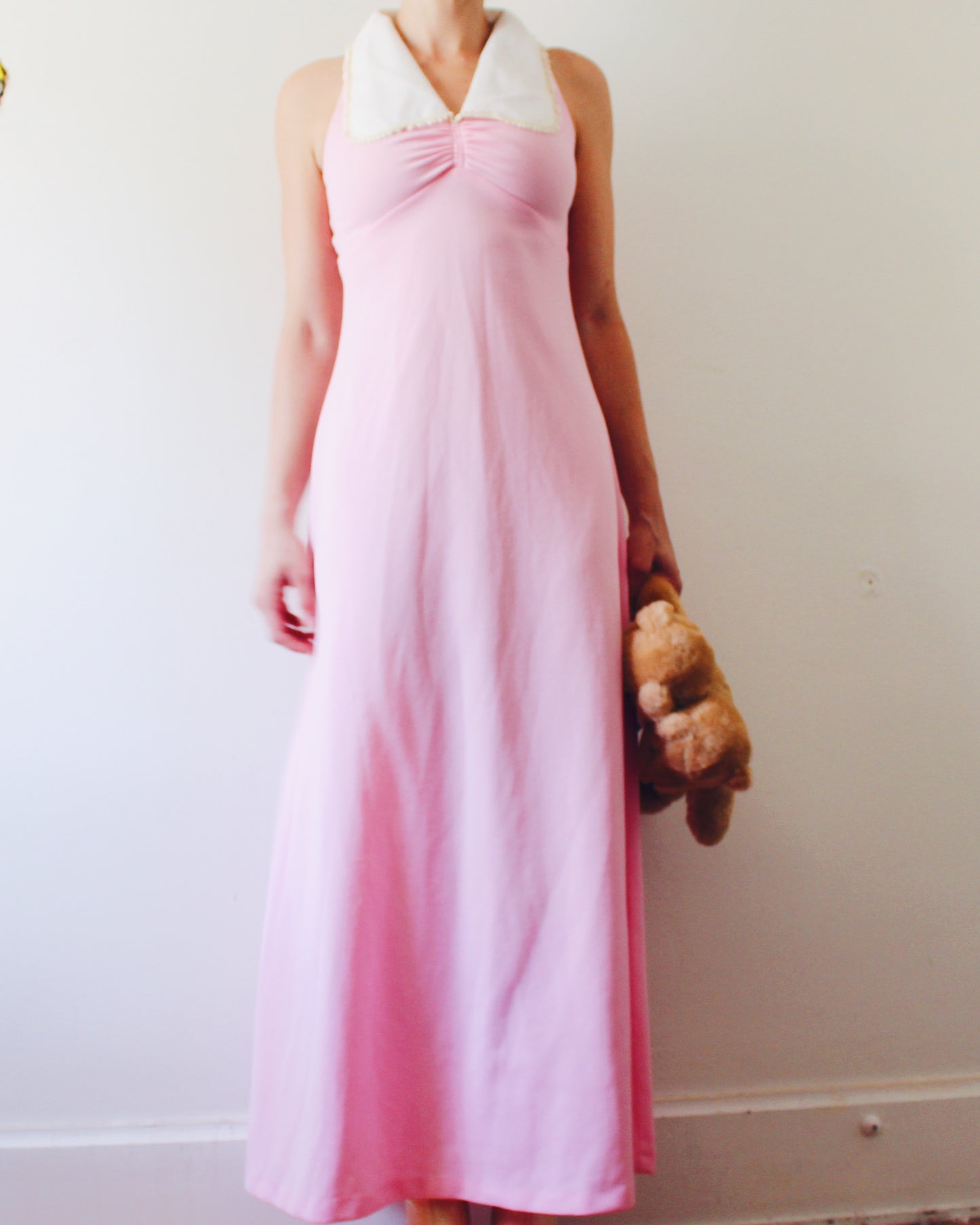 Vintage 1970s Handmade Pink Dress S | Peter Pan Collar Empire Waist | Moonrise Kingdom Wes Anderson Aesthetic | Retro Cottagecore Sleeveless