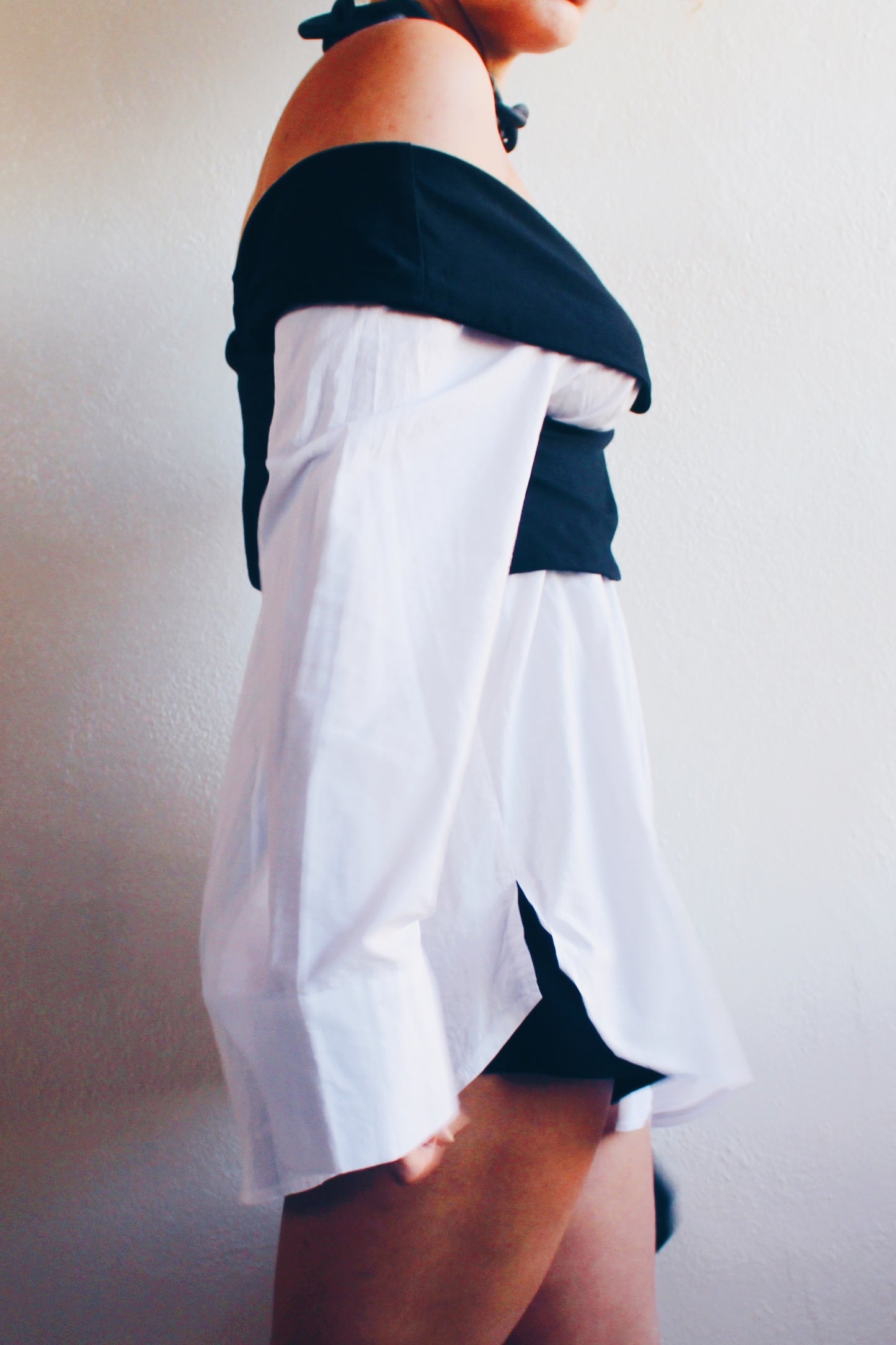 Contemporary Edge: Upcycled White Shirt Dress with Asymmetric Black Bust Wrap