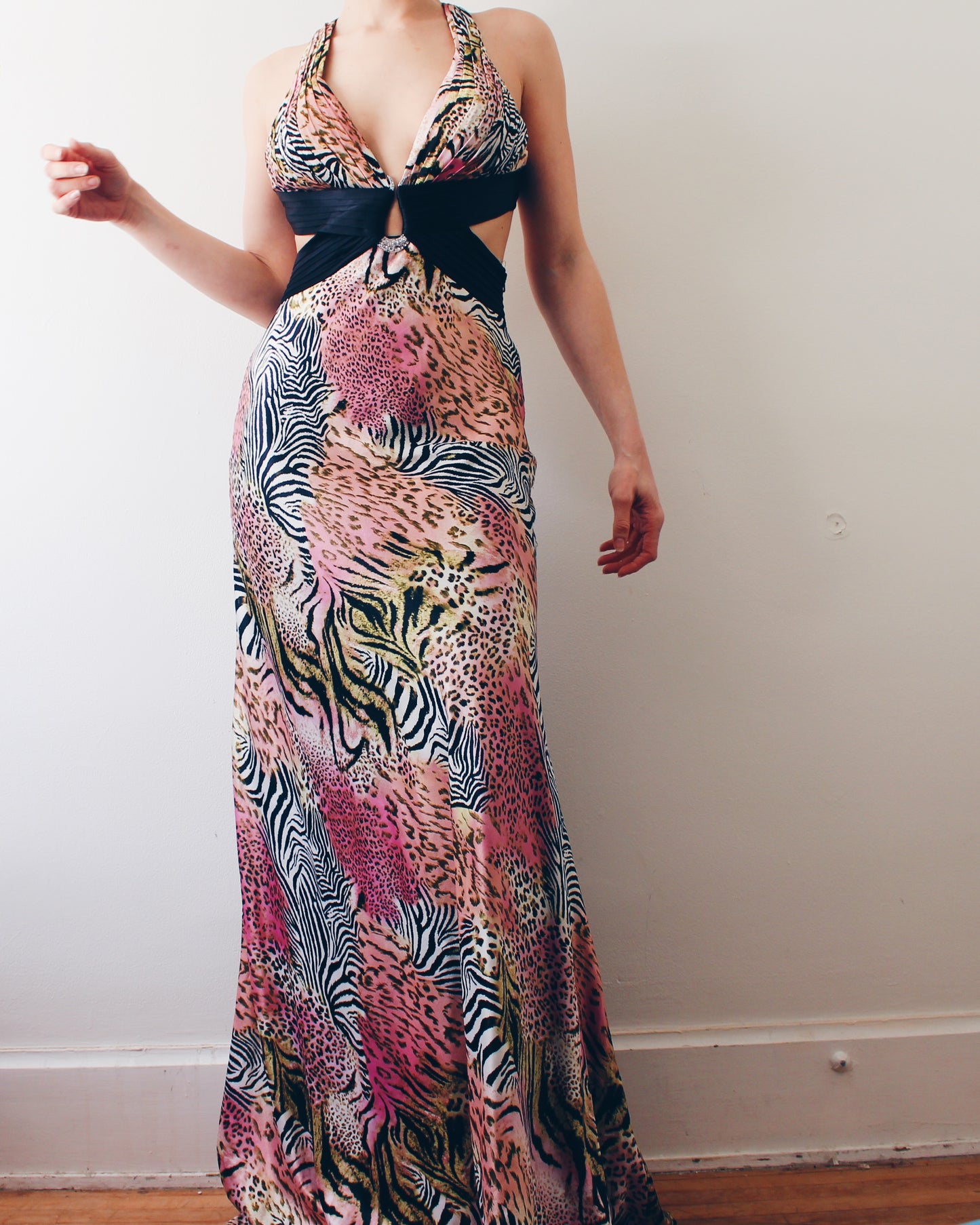 Vintage Y2K Black & Pink Zebra Print Prom Dress – Open Back Animal Print Statement Dress