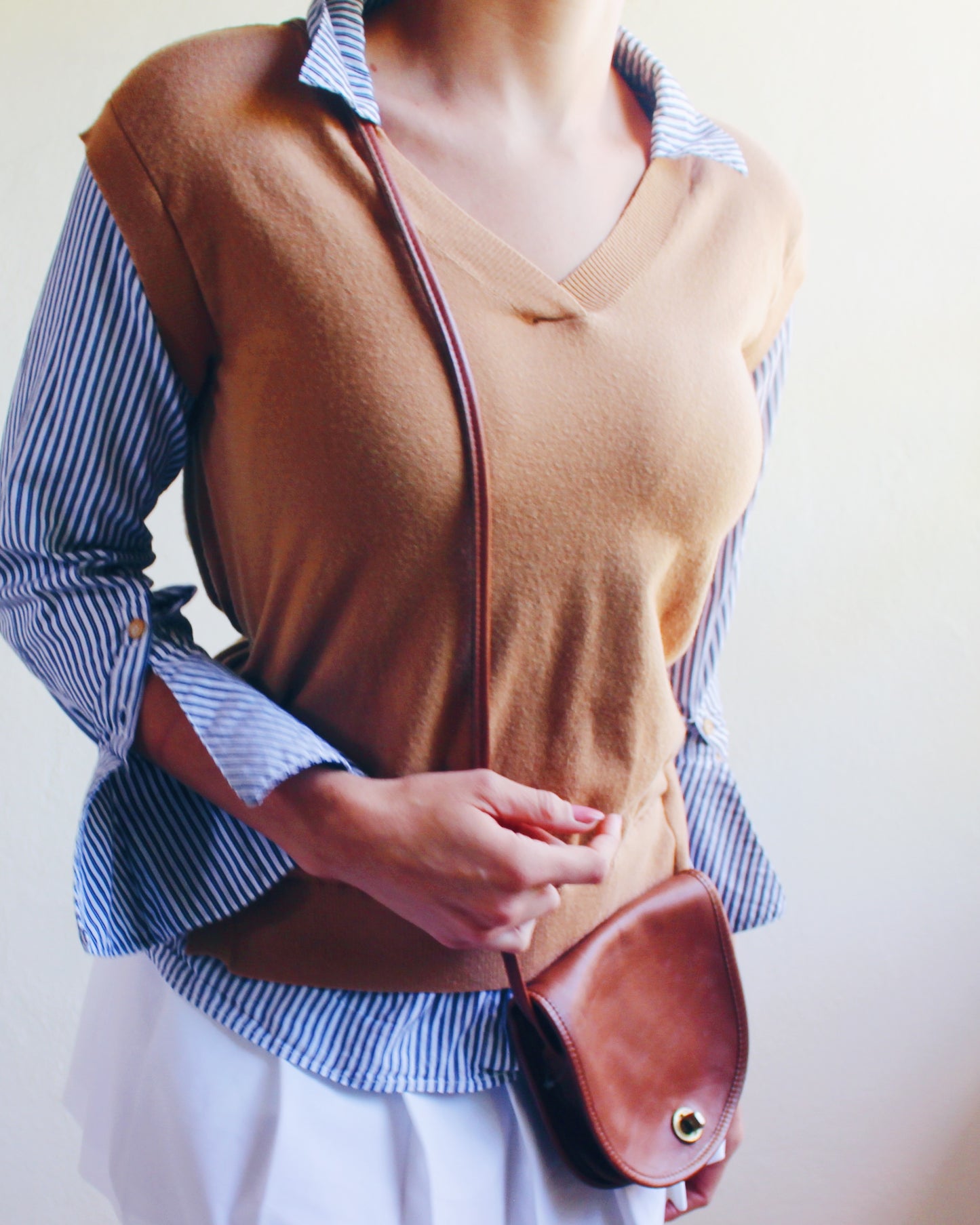 Tan Knit Layered Vest Top with Blue‑White Striped Shirt Sleeves & Collar – Academic Layering Blouse Style