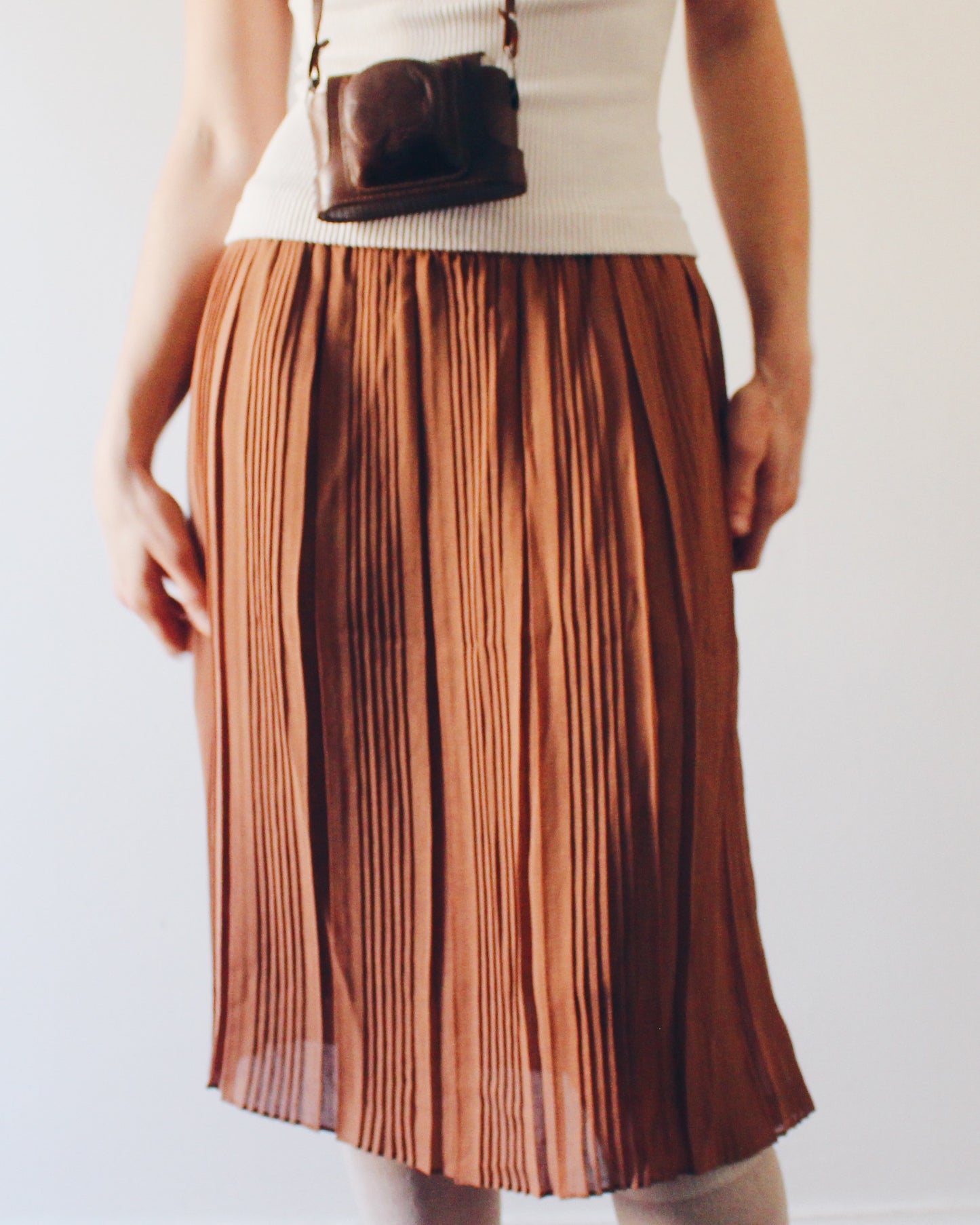 Vintage 1980s Brown Pleated Midi Skirt – Sheer Lightweight Layering Skirt, Retro Earth Tone
