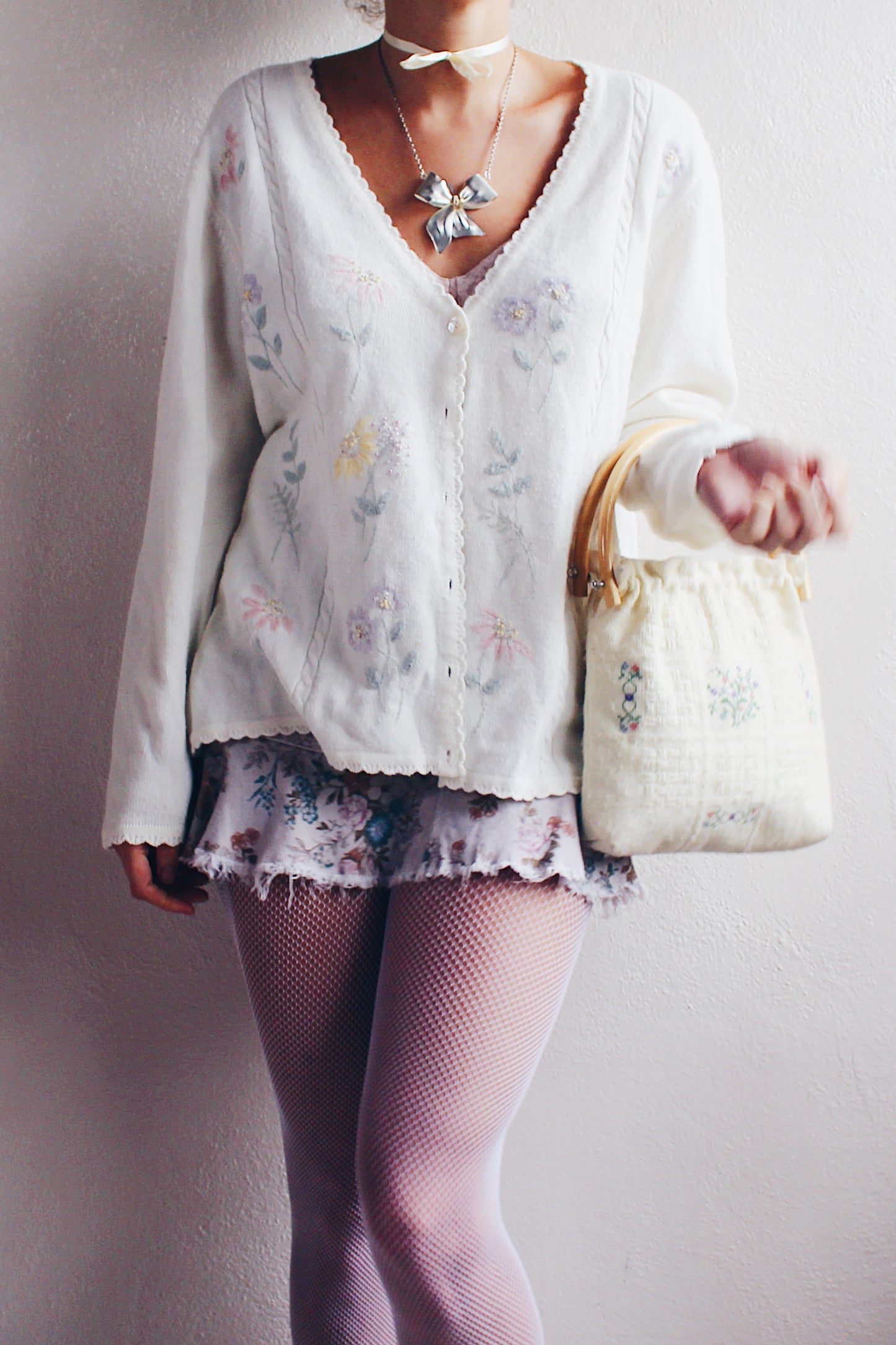 Vintage Cream Knit Floral Granny Cardigan | 1980s Retro Flower Sweater | Cozy Grandma Chic