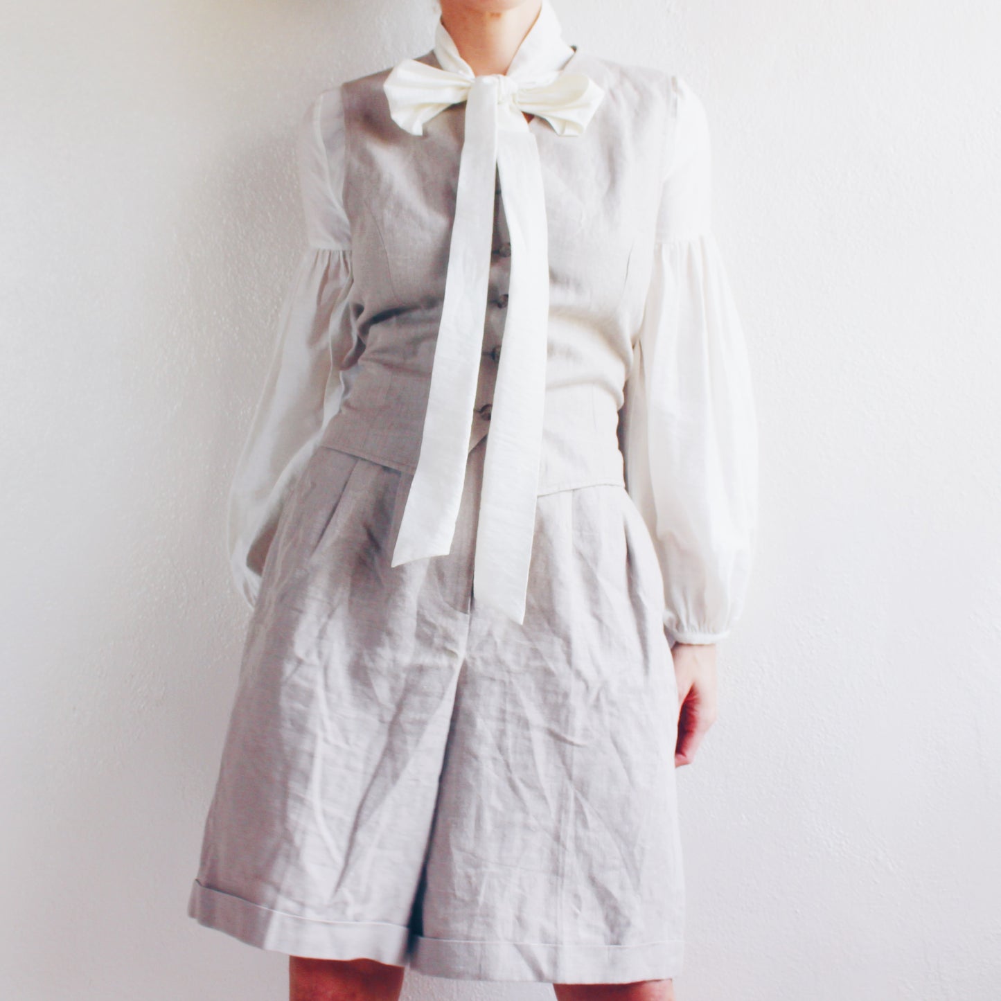 Vintage Beige Linen Pleated Shorts and Vest Set - Academic 90s Minimalism