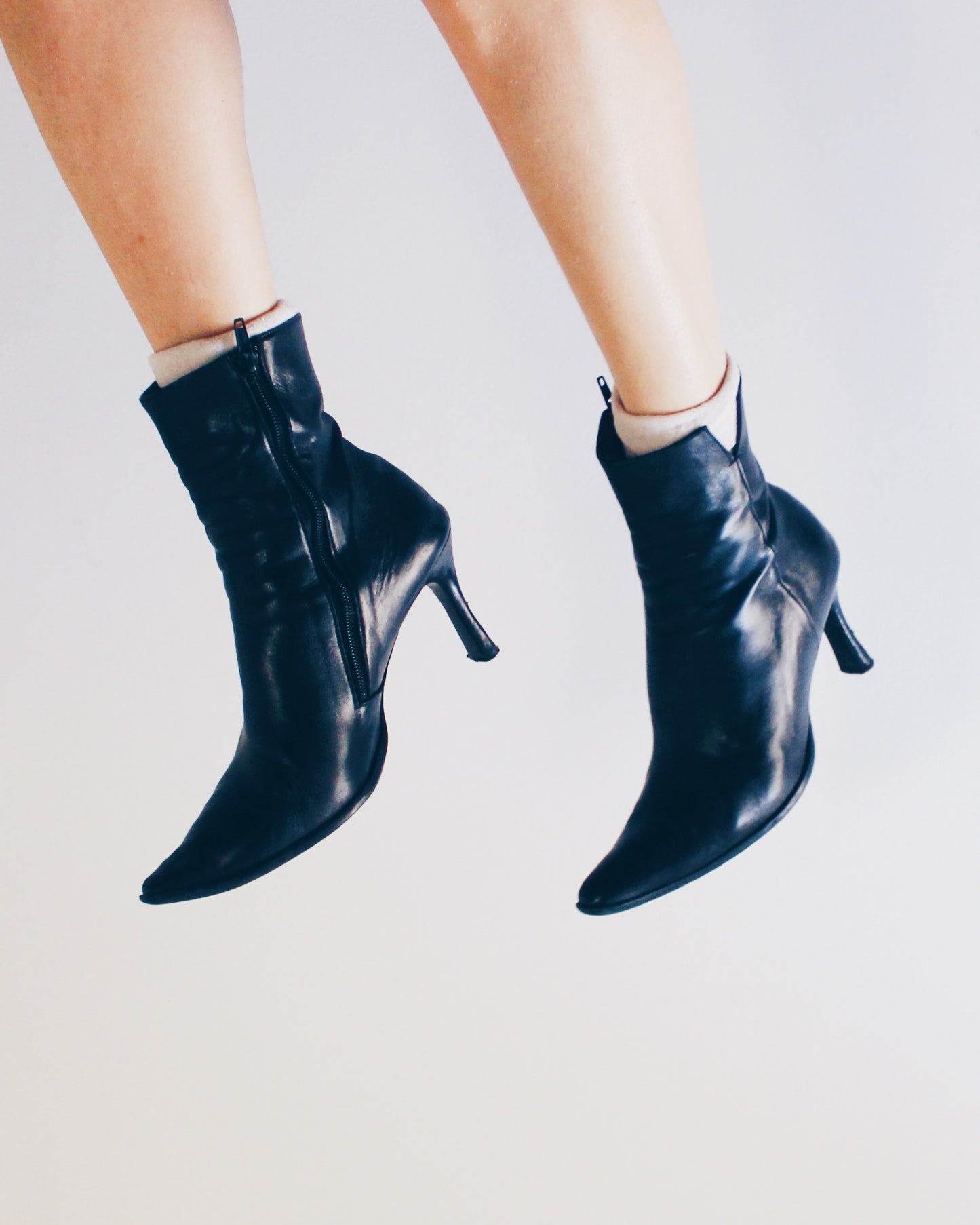 Pointed Toe 90s 2 inch Heeled Boots – Vintage Black Leather Ankle Boots