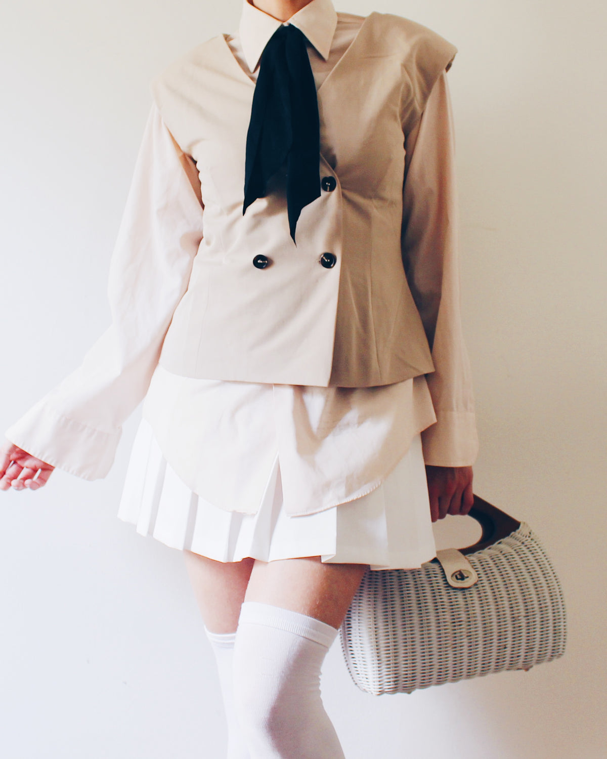 La Lavon Beige Tan Sleeveless Layering Blazer, Double Breasted Buttons, Light Shoulder Pads, Business Casual Coquette Style