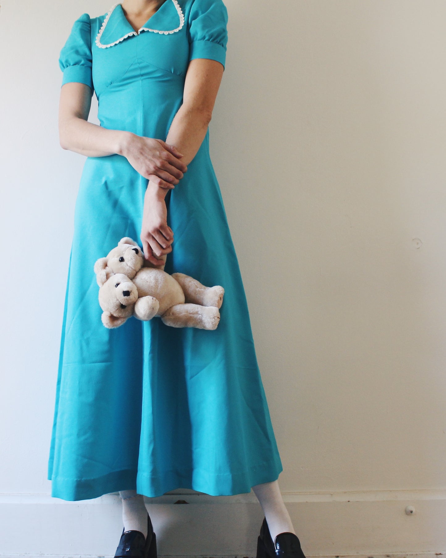 Vintage 1970s Bright Blue Dress | Handmade Maxi Dress with Scalloped Collar | Coquette Puff Sleeve Cottagecore Prairie Style