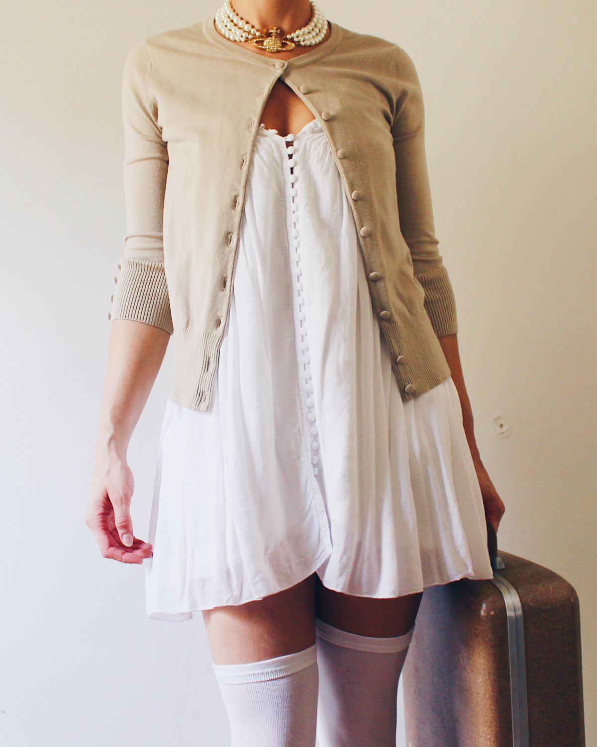 Audrey and Grace Beige Button Up Cardigan, Preppy Minimalist Academic Style, Neutral Layering Piece, Dark Academia