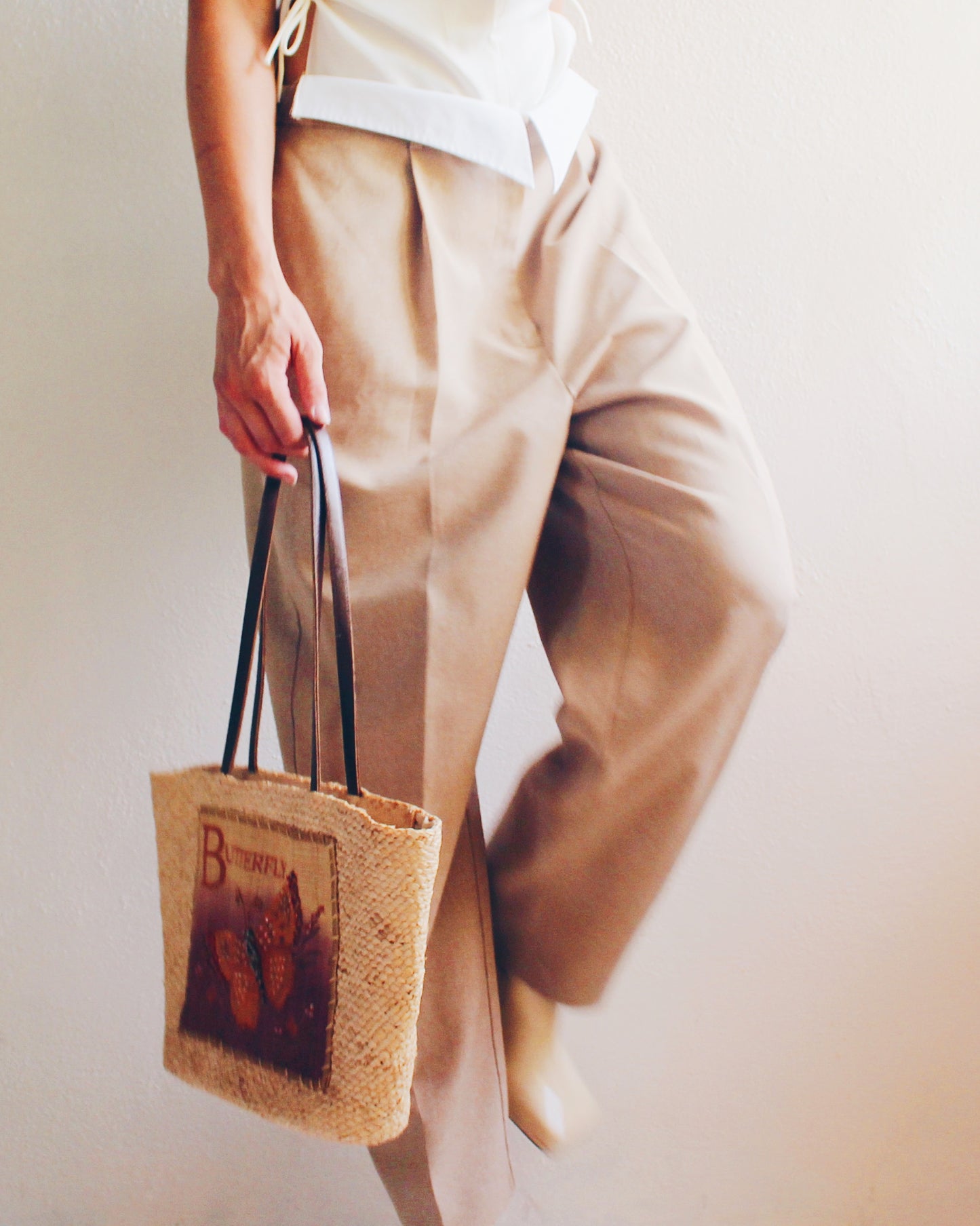 Vintage Whimsigoth Wonder: 90s Straw Tote with Illustrated Butterfly Burlap Patch!