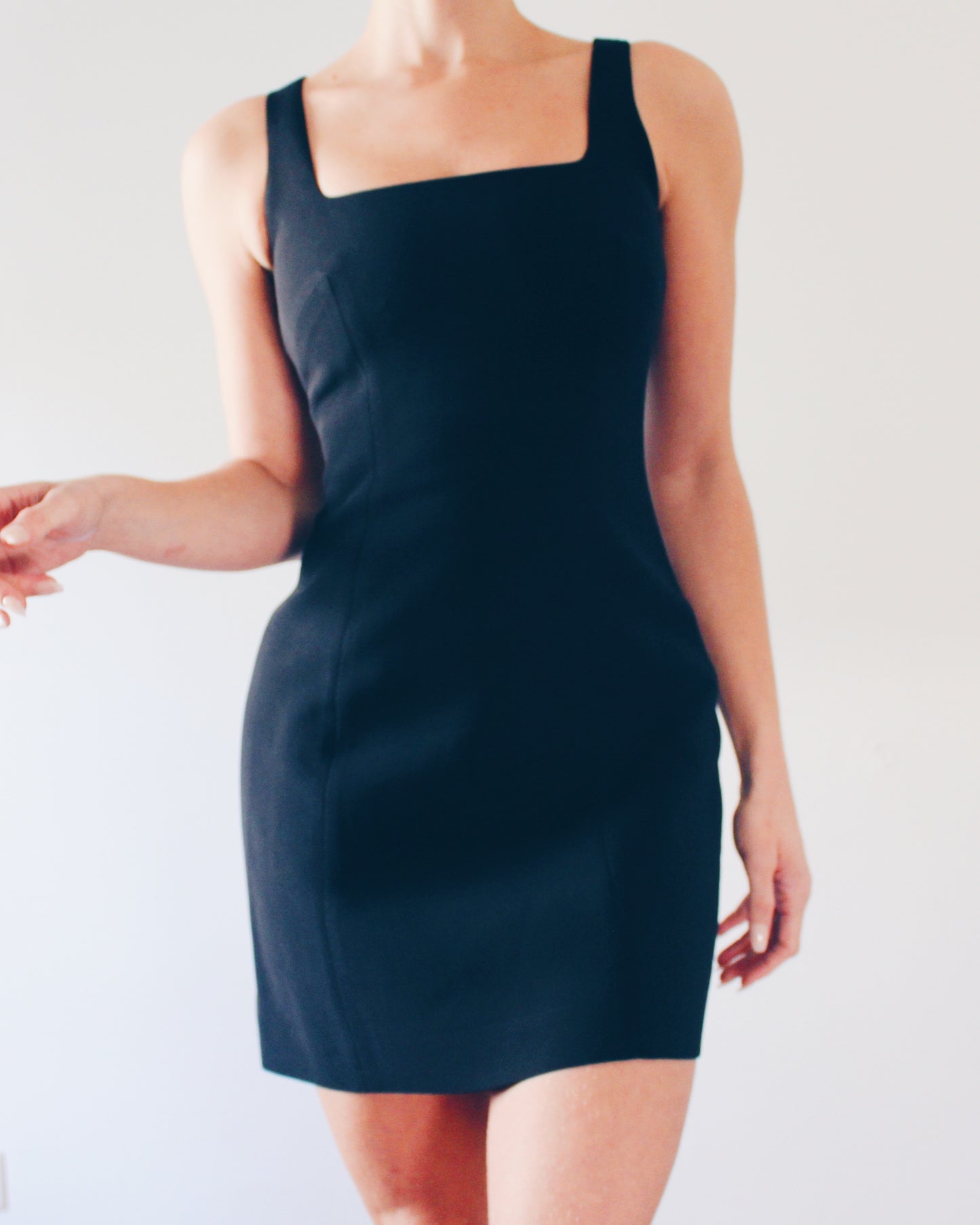 Vintage Bebe Late‑90s Black Mini Dress – Sleek Minimalist Little Black Cocktail & Office Dress