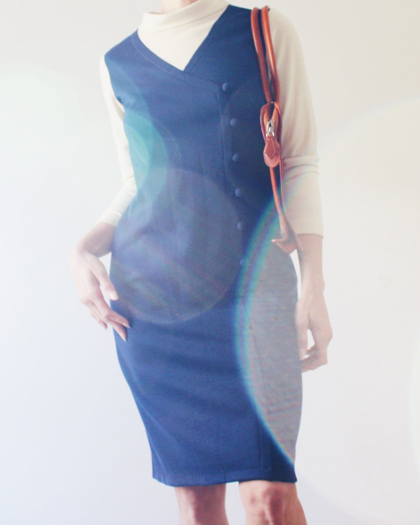Vintage 1970s Navy & Ivory Pinafore Dress – Mod Knit Minimalist Academic Style
