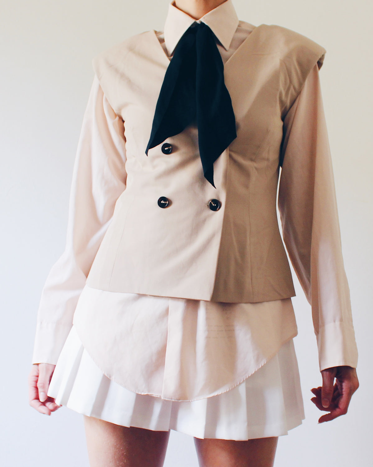 La Lavon Beige Tan Sleeveless Layering Blazer, Double Breasted Buttons, Light Shoulder Pads, Business Casual Coquette Style