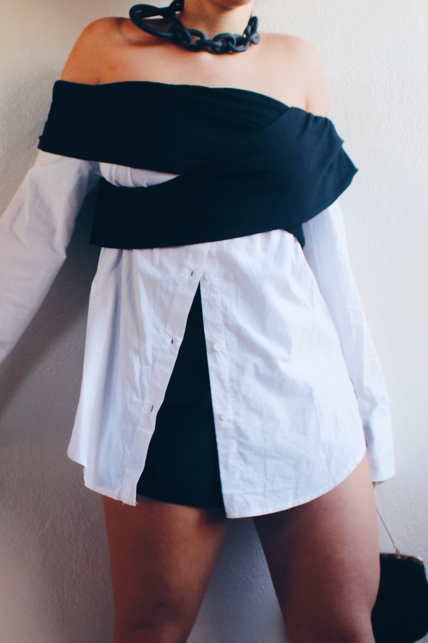 Contemporary Edge: Upcycled White Shirt Dress with Asymmetric Black Bust Wrap