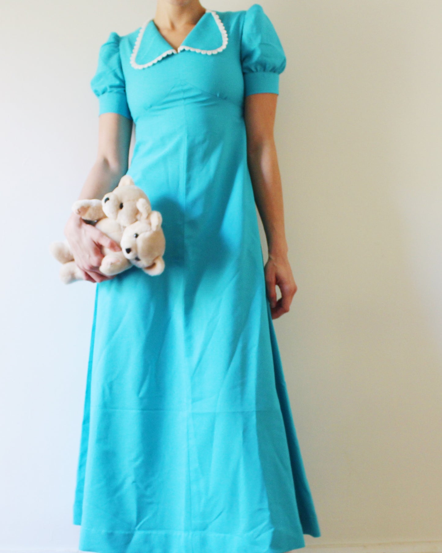 Vintage 1970s Bright Blue Dress | Handmade Maxi Dress with Scalloped Collar | Coquette Puff Sleeve Cottagecore Prairie Style