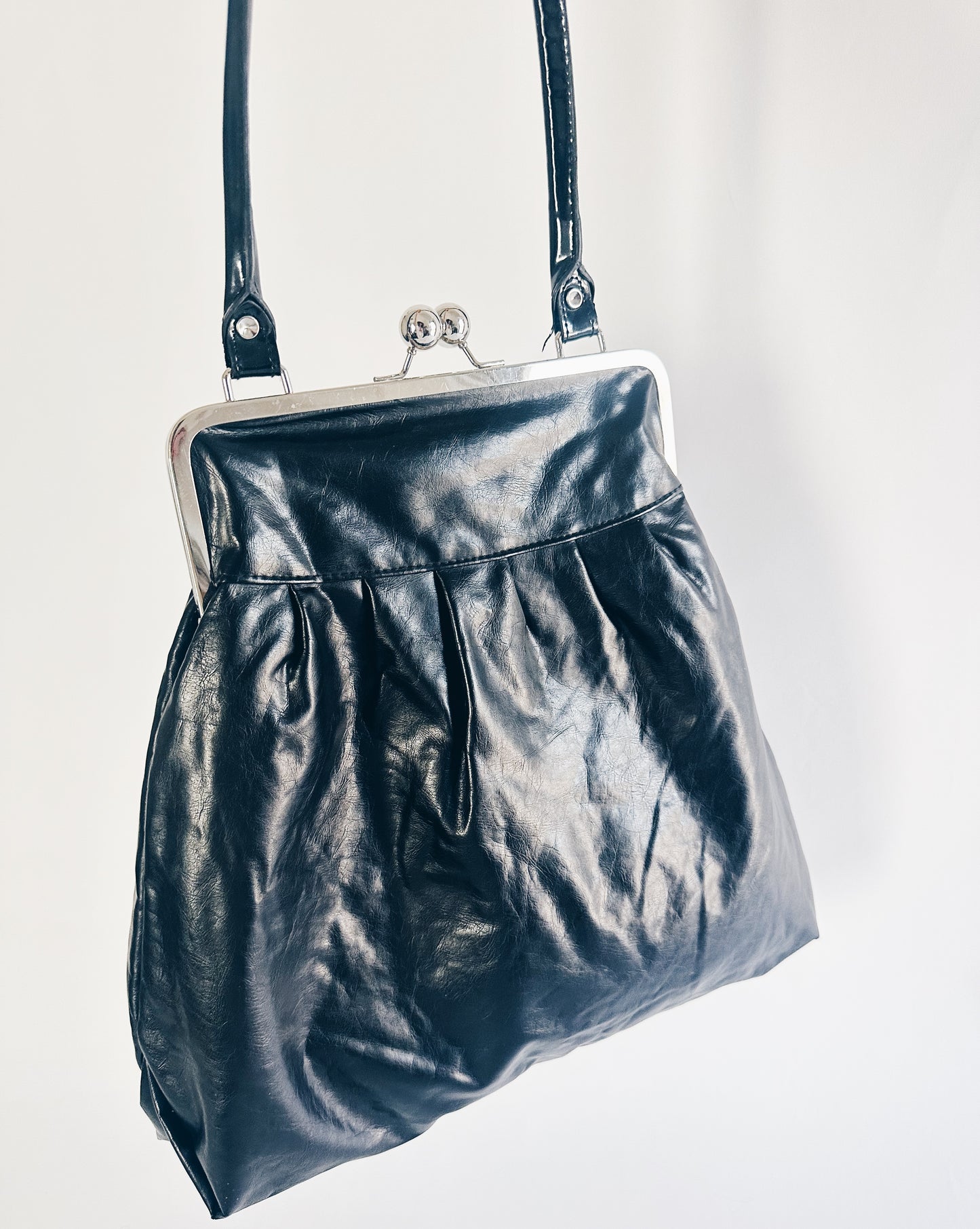 Black Giant Faux Leather Coin Purse Handbag with Silver Clasp – Bold Statement Piece