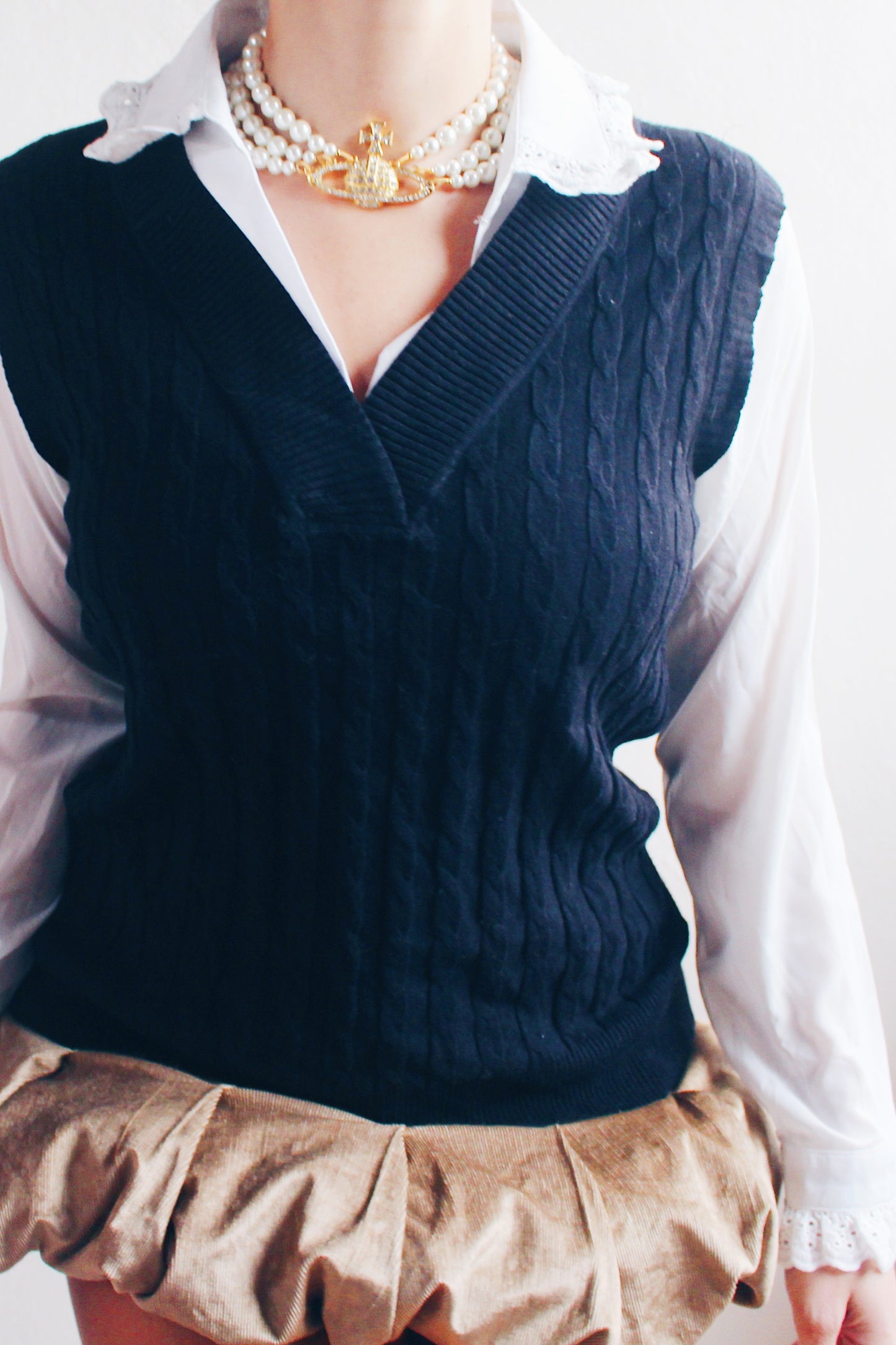 Coquette Academia: Black Knit Layered Vest with Scalloped White Blouse Sleeves and Collar