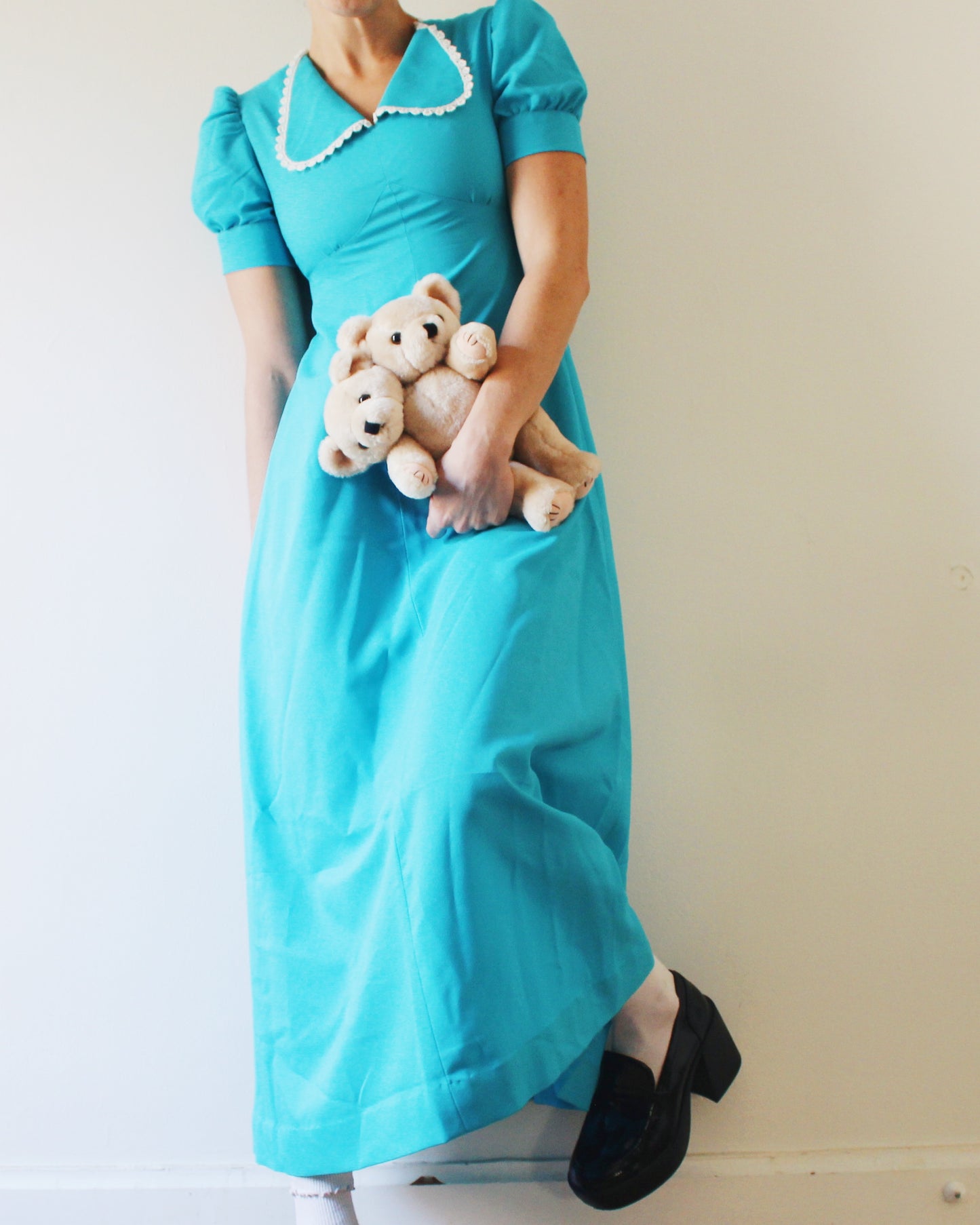 Vintage 1970s Bright Blue Dress | Handmade Maxi Dress with Scalloped Collar | Coquette Puff Sleeve Cottagecore Prairie Style