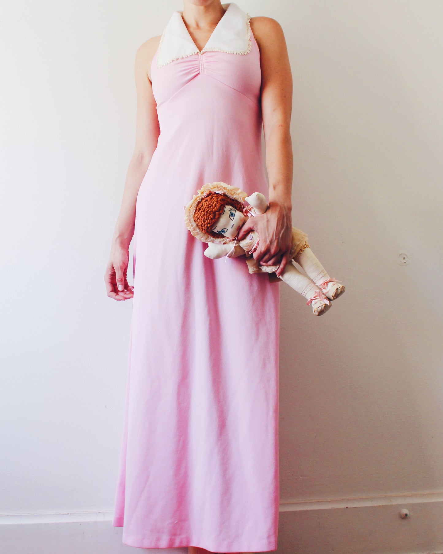 Vintage 1970s Handmade Pink Dress S | Peter Pan Collar Empire Waist | Moonrise Kingdom Wes Anderson Aesthetic | Retro Cottagecore Sleeveless