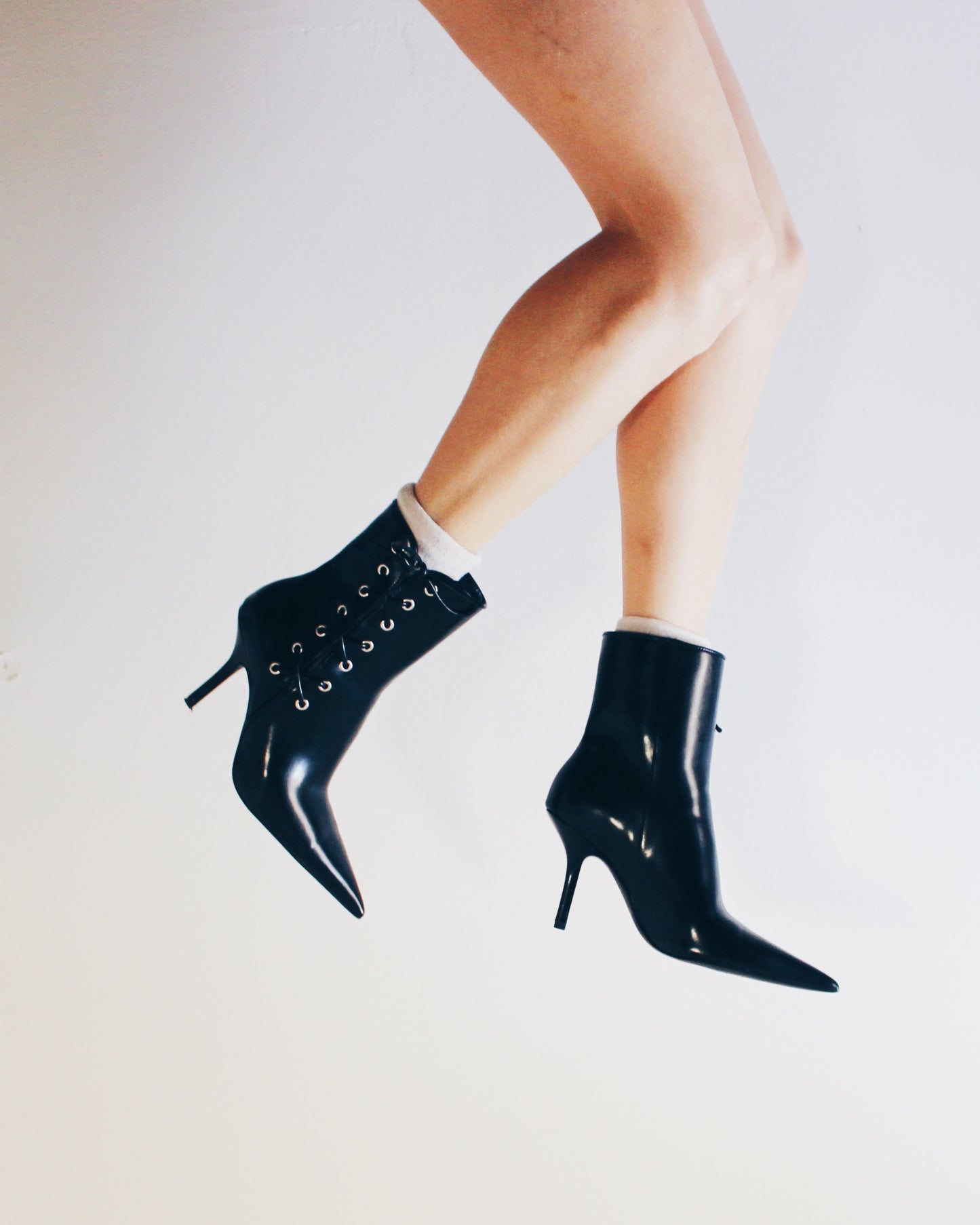 H&M Lace up Y2K Pointed Toe Stiletto Boots – Vintage Black Leather Ankle Boots | Early 2000s Iconic Heels