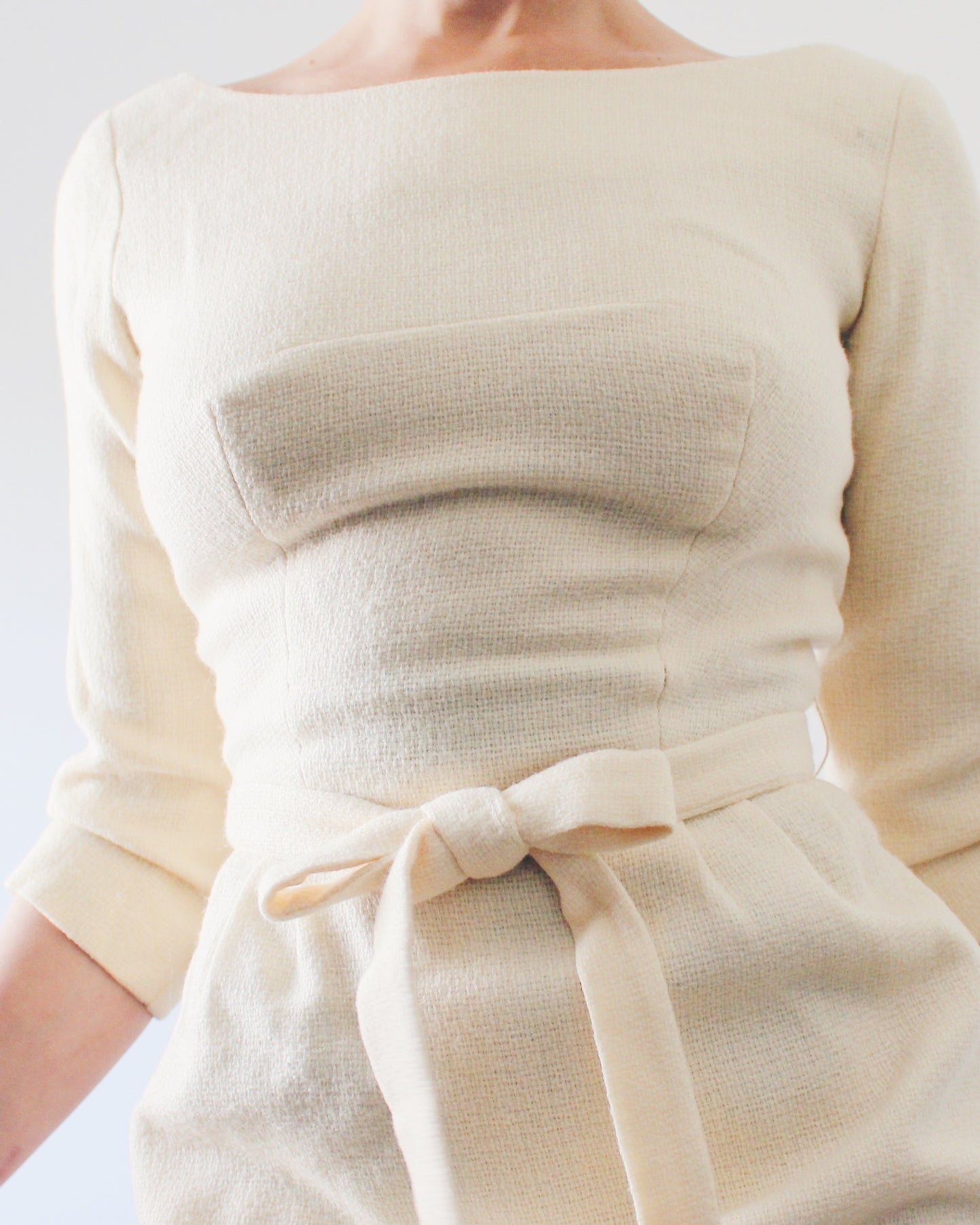 Vintage 60s Cream Wool Dress – Mod Midi with Bow Waist, ¾ Sleeves, Mad Men Style, Sophisticated Retro