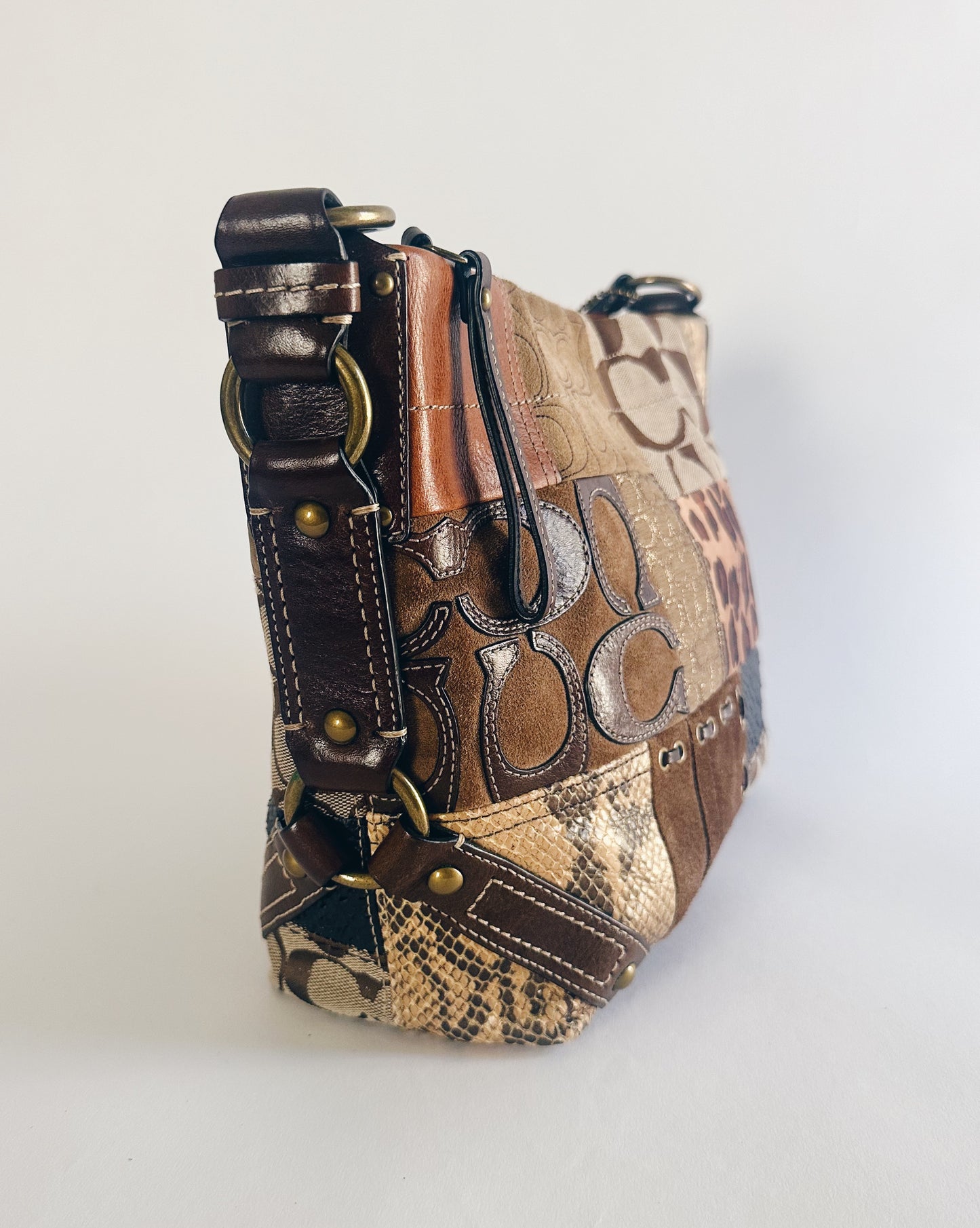 Vintage Y2K Coach Brown Animal Print Patchwork Leather Purse – Legacy Carly Coach, Designer Statement Bag in Pristine Condition
