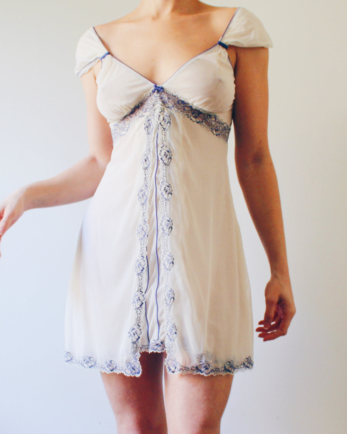 Y2K Cream Empire Waist Slip Dress with Violet Lace, Whimsygoth Soft Goth Style, Can Be Worn as Day Dress or Intimate Piece