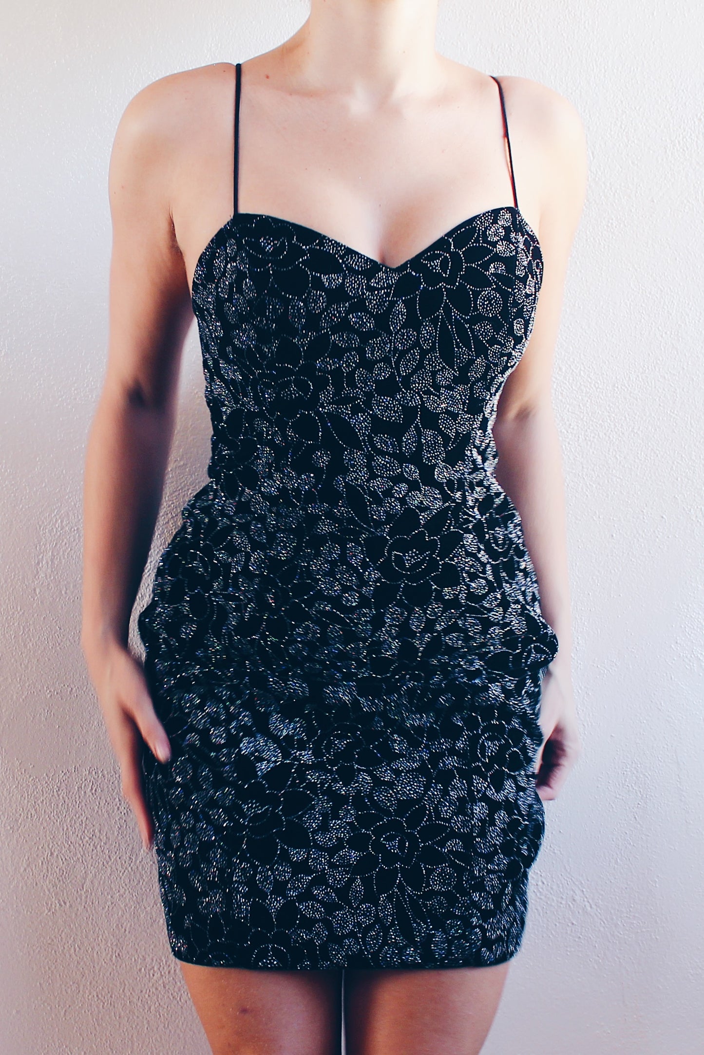 NYE Glamour: Black Velvet Glittery Mini Dress with Shimmery Flowers