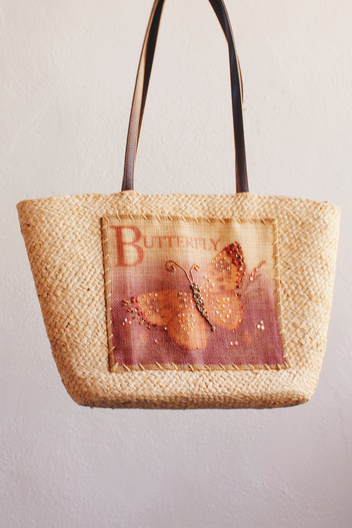 Vintage Whimsigoth Wonder: 90s Straw Tote with Illustrated Butterfly Burlap Patch!