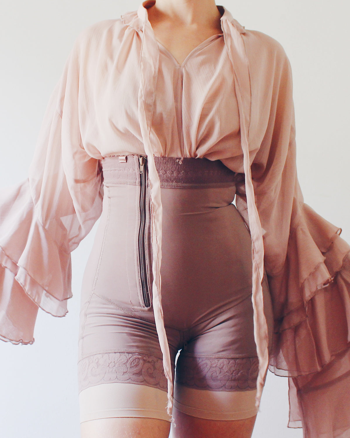 Mauve Layering Shapewear with Lace Lined Bottom, Asymmetrical Zipper, Under Bust, Detachable Straps, Soft Goth Accessory