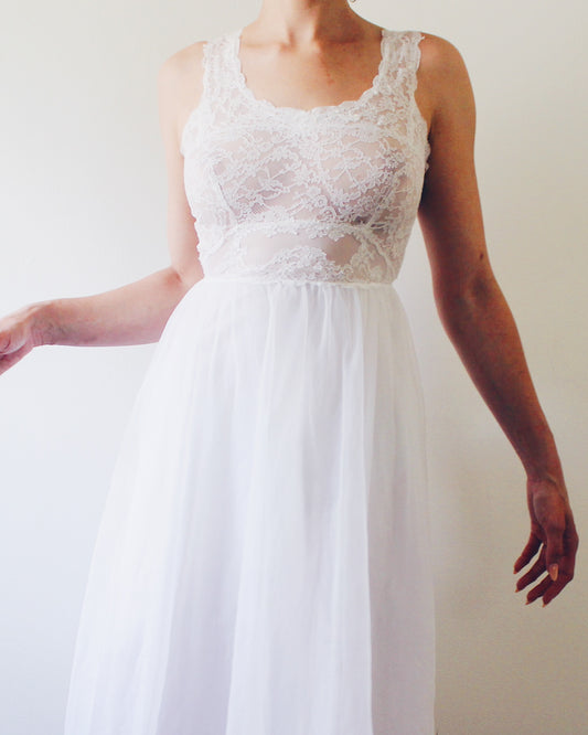 Vintage White Slip Dress with Sheer Lace Bust | Adjustable Tie Back Midi | Victorian Coquette Cottagecore Balletcore Lingerie