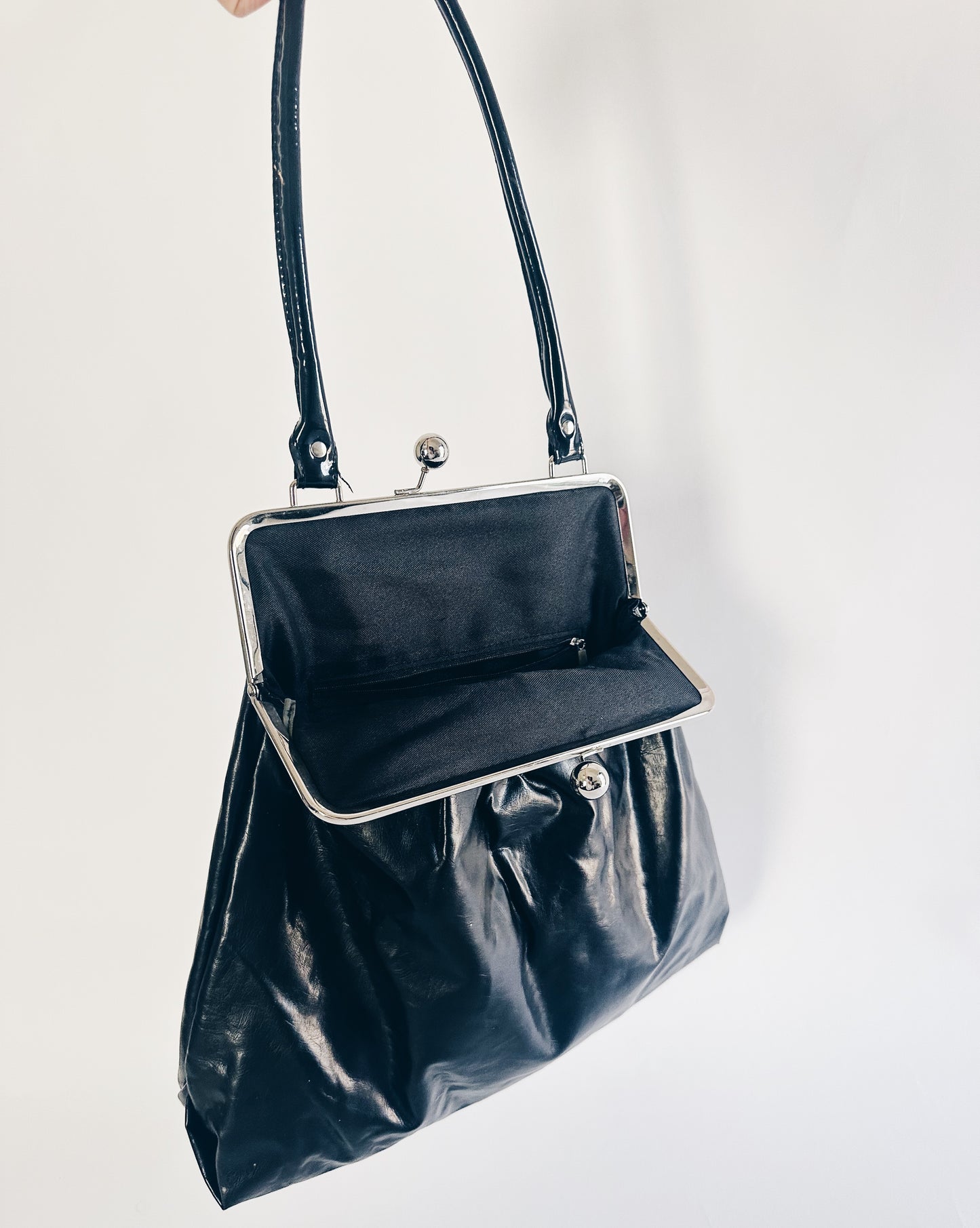 Black Giant Faux Leather Coin Purse Handbag with Silver Clasp – Bold Statement Piece