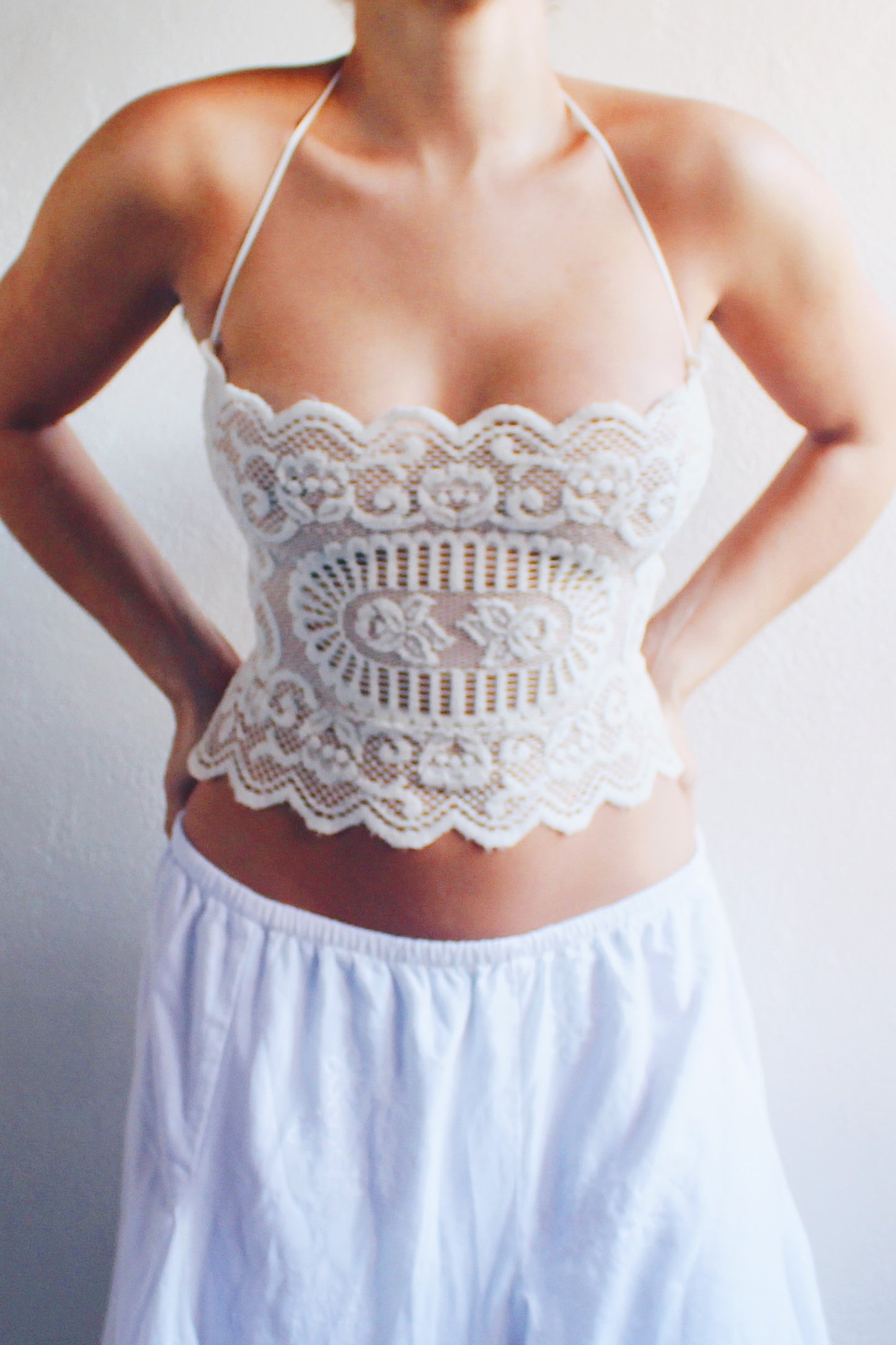 Vintage Lace Magic: Upcycled vintage doily Tank top / White cotton Reworked Fashion crop top