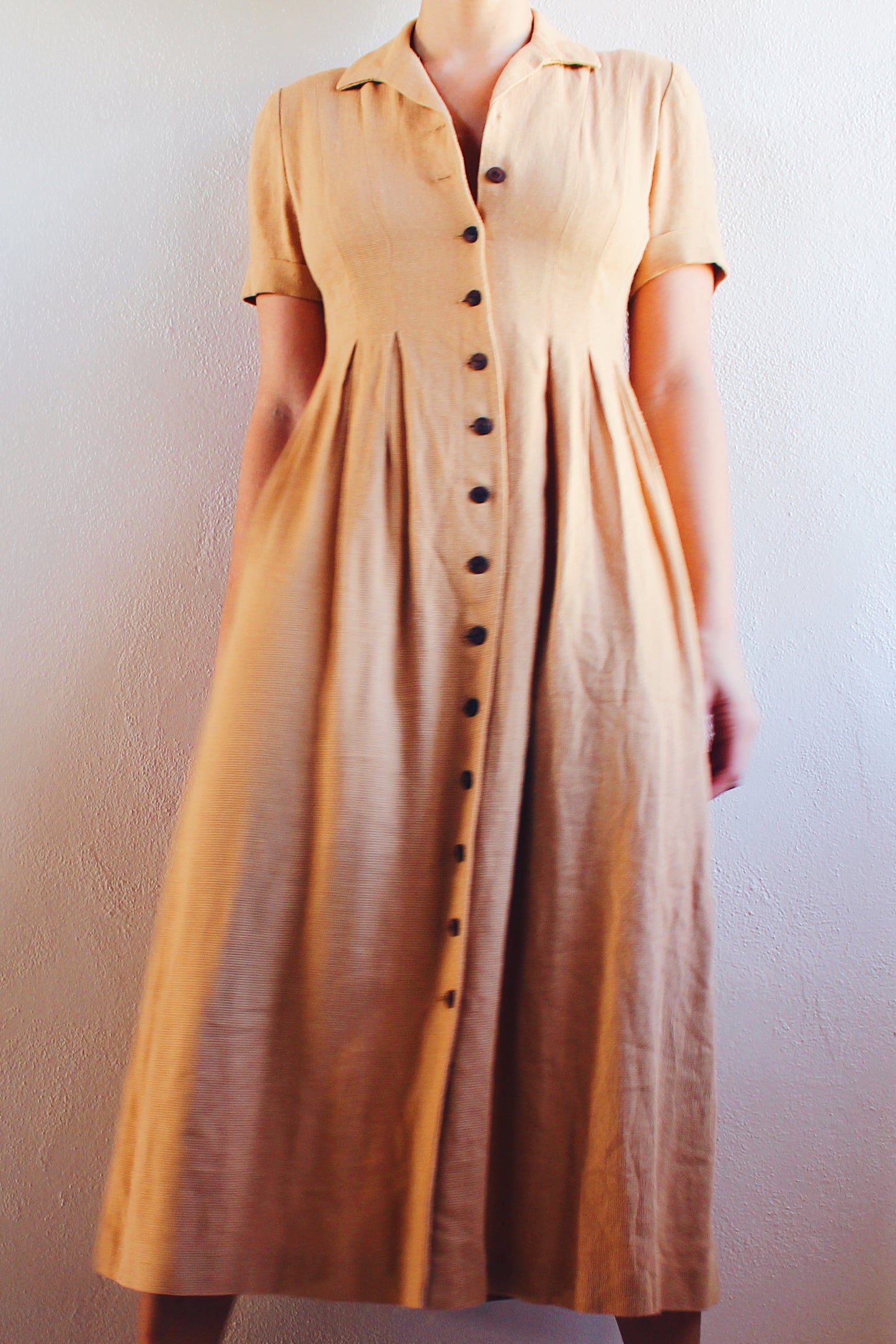 Timeless Linen: 1980s Short Sleeve Minimalist Tan linen-Blend A-Line Dress