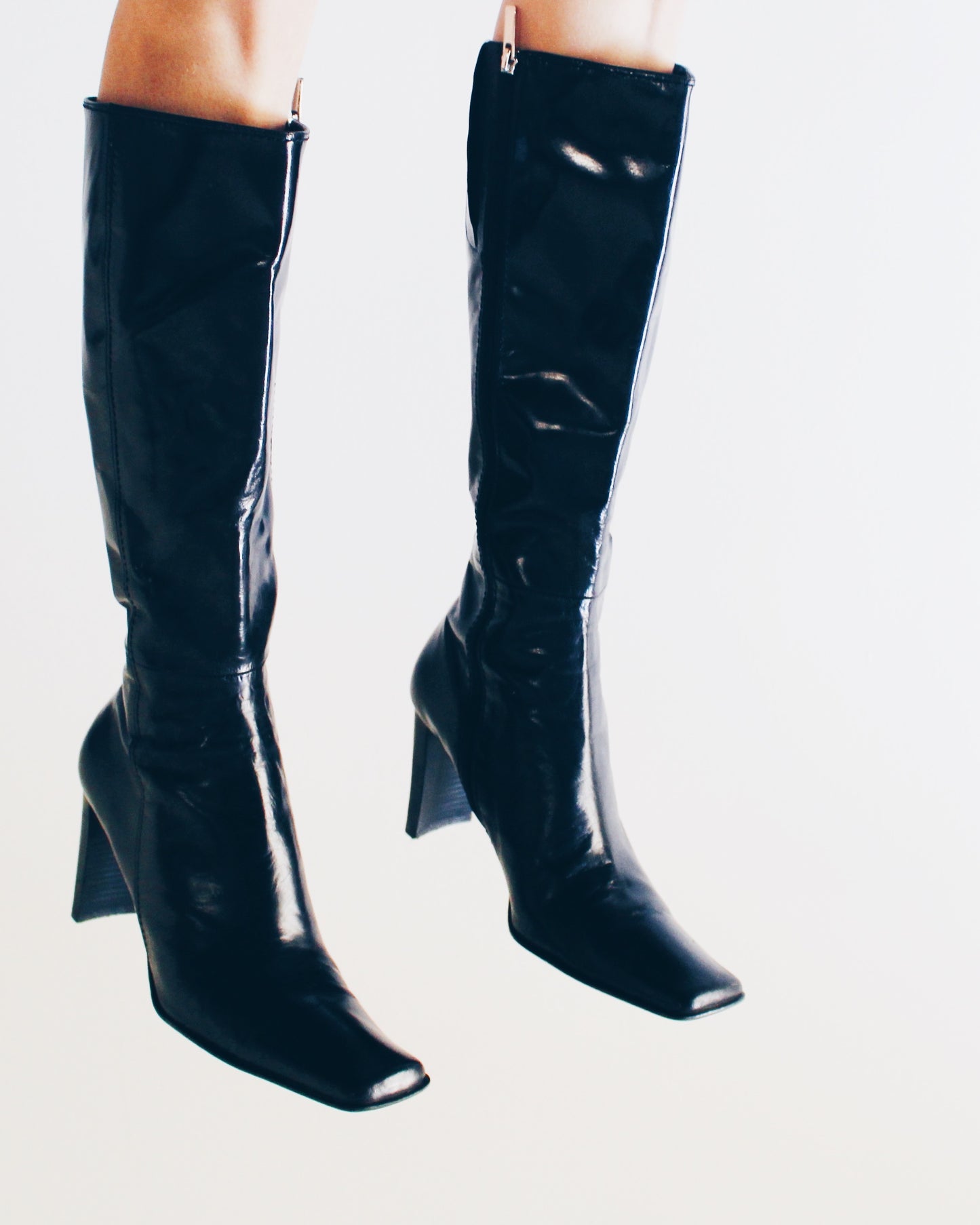 y2k Square Toe: Vintage Black Leather Nine West-Heeled Boots - Calf-Length Librarian Chic Shoes