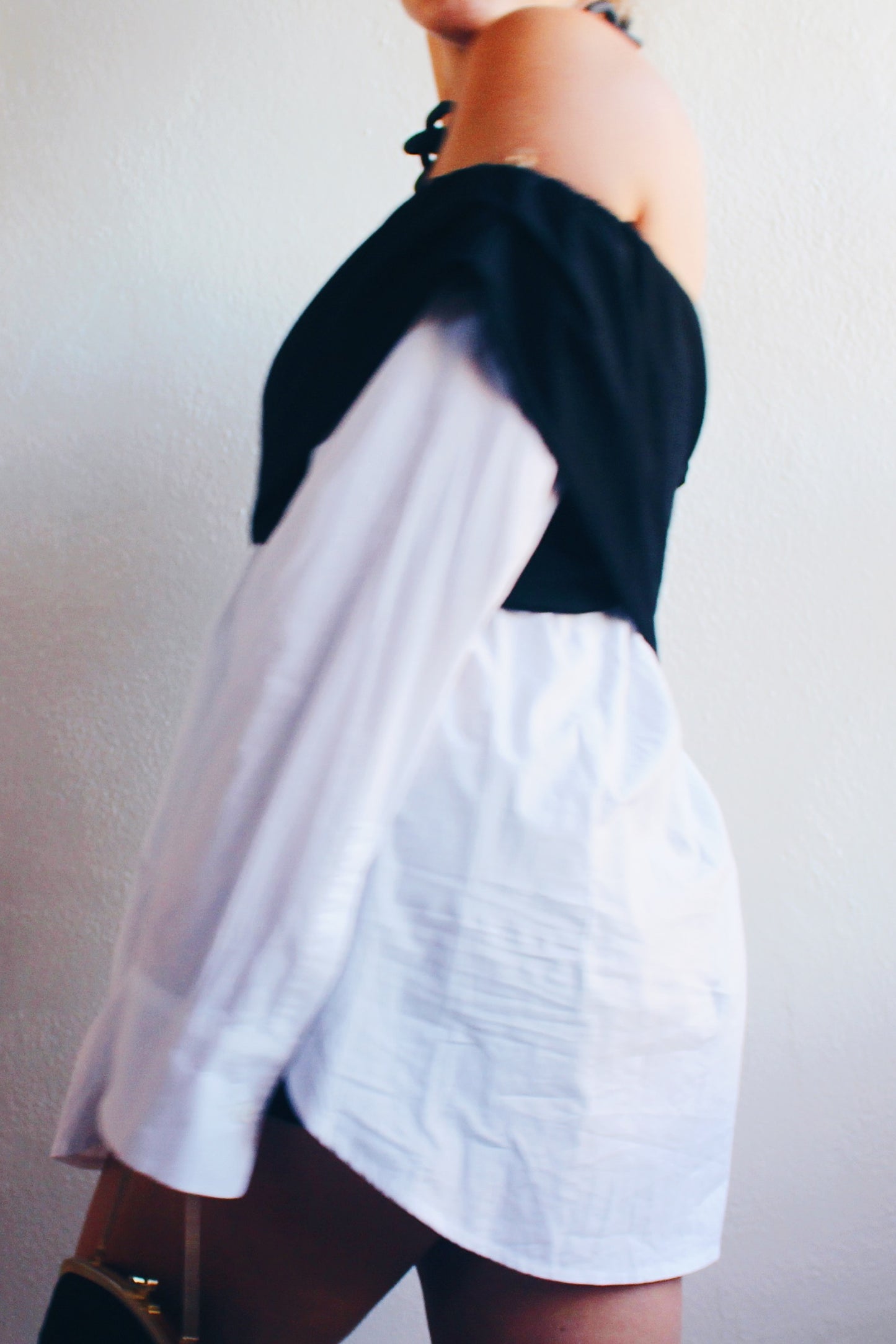 Contemporary Edge: Upcycled White Shirt Dress with Asymmetric Black Bust Wrap