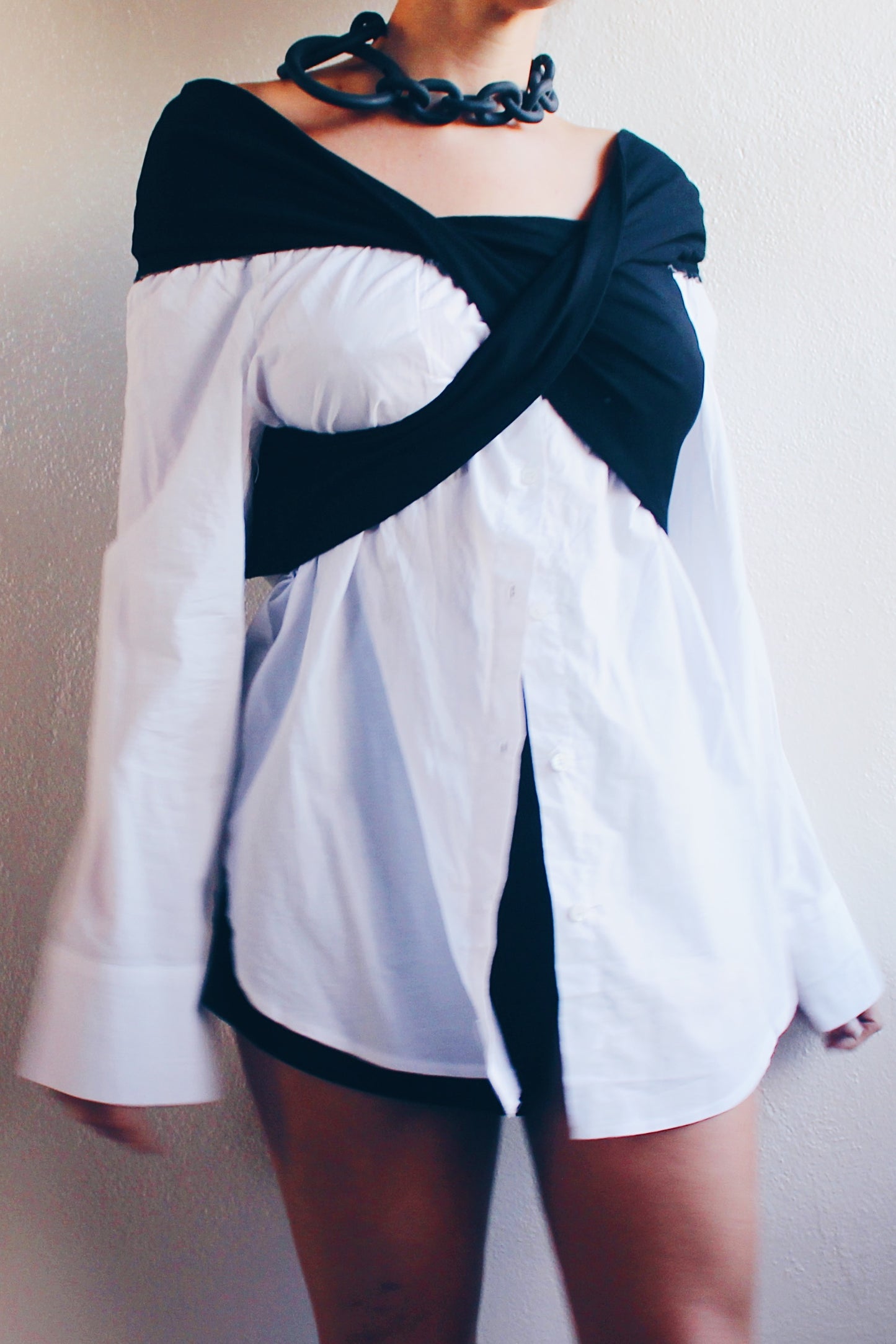 Contemporary Edge: Upcycled White Shirt Dress with Asymmetric Black Bust Wrap