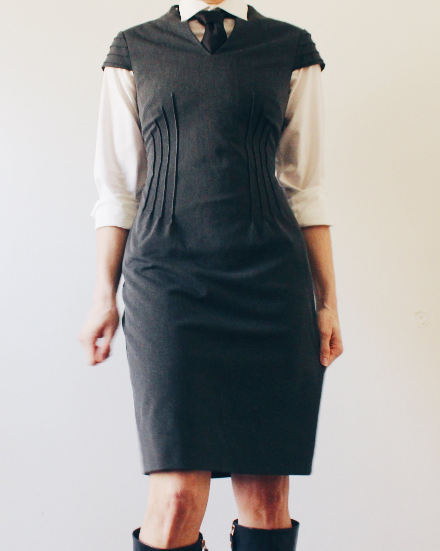 Office Layering Dress Gray Work Dress Professional Office Sheath Dress Short Sleeve Semi Formal Business Casual