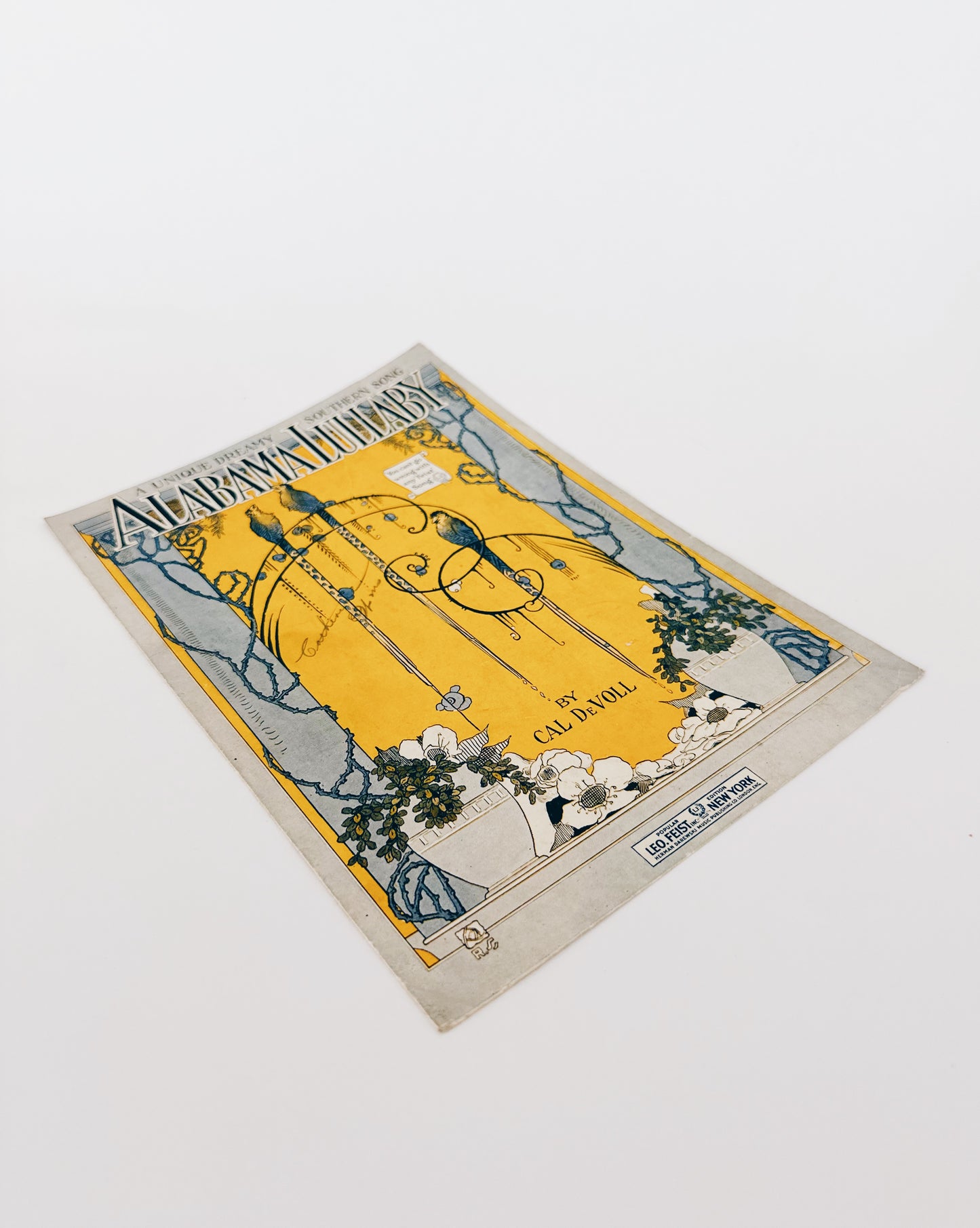 Antique Sheet Music "Alabama Lullaby" Cal DeVoll | Art Deco Bird Wall Art | 1920s Yellow Blue Illustration Decor