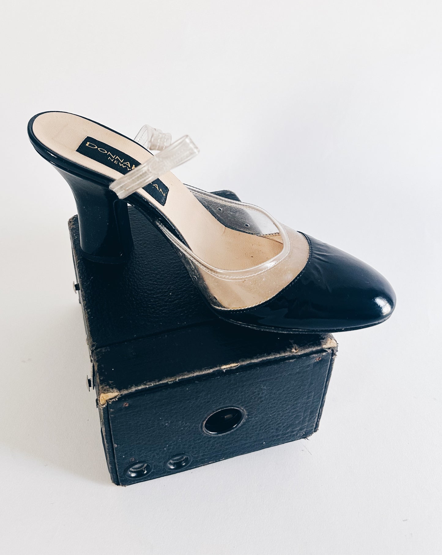 Vintage Donna Karan Cap Toe Heels – 90s Y2K Black Leather & Clear PVC Pumps | Detachable Ankle Strap Designer Shoes