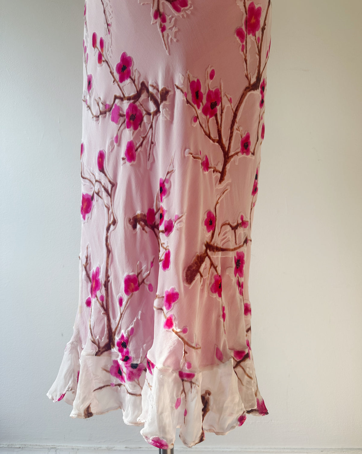 Vintage 90s Monsoon Velvet Burnout Cherry Blossom Slip Dress, Bias Cut Silk Viscose, Magenta Lining, Rare Y2K Dream Dress